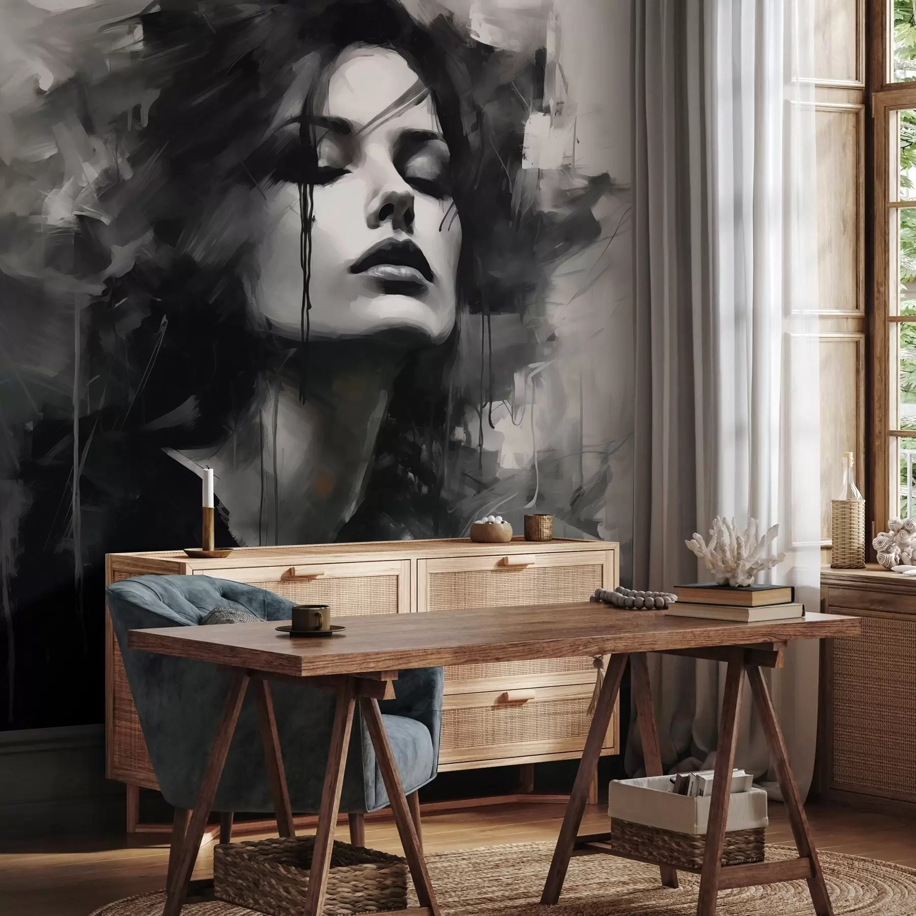 Шпалери Портрет жінки в сіро-чорному одязі w04049