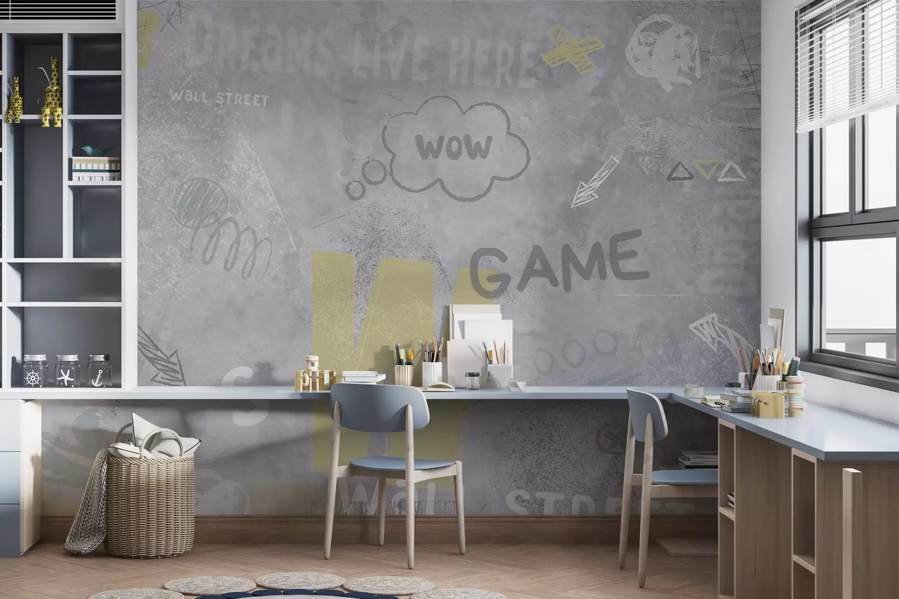Шпалери Дизайн у стилі стріт-арт з написами жовтого кольору на тлі бетонної стіни w04056