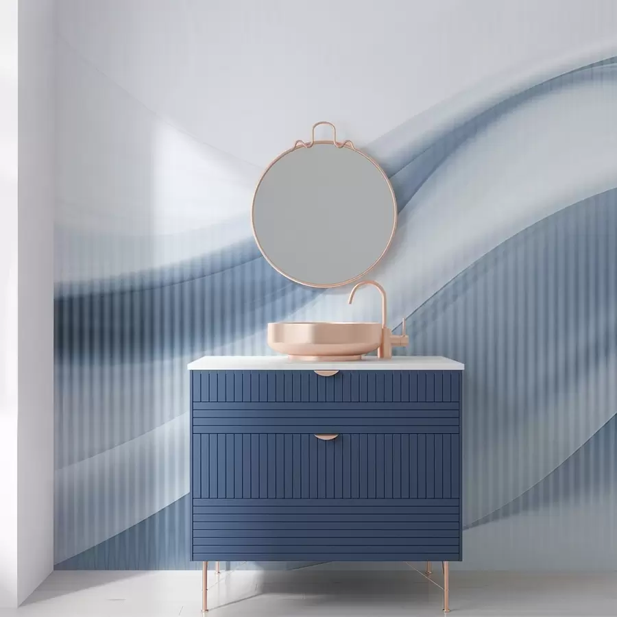 Шпалери Абстрактний принт з плавними лініями та тонкими вертикальними смужками, що створюють відчуття руху та глибини, синя палітра w09189v1