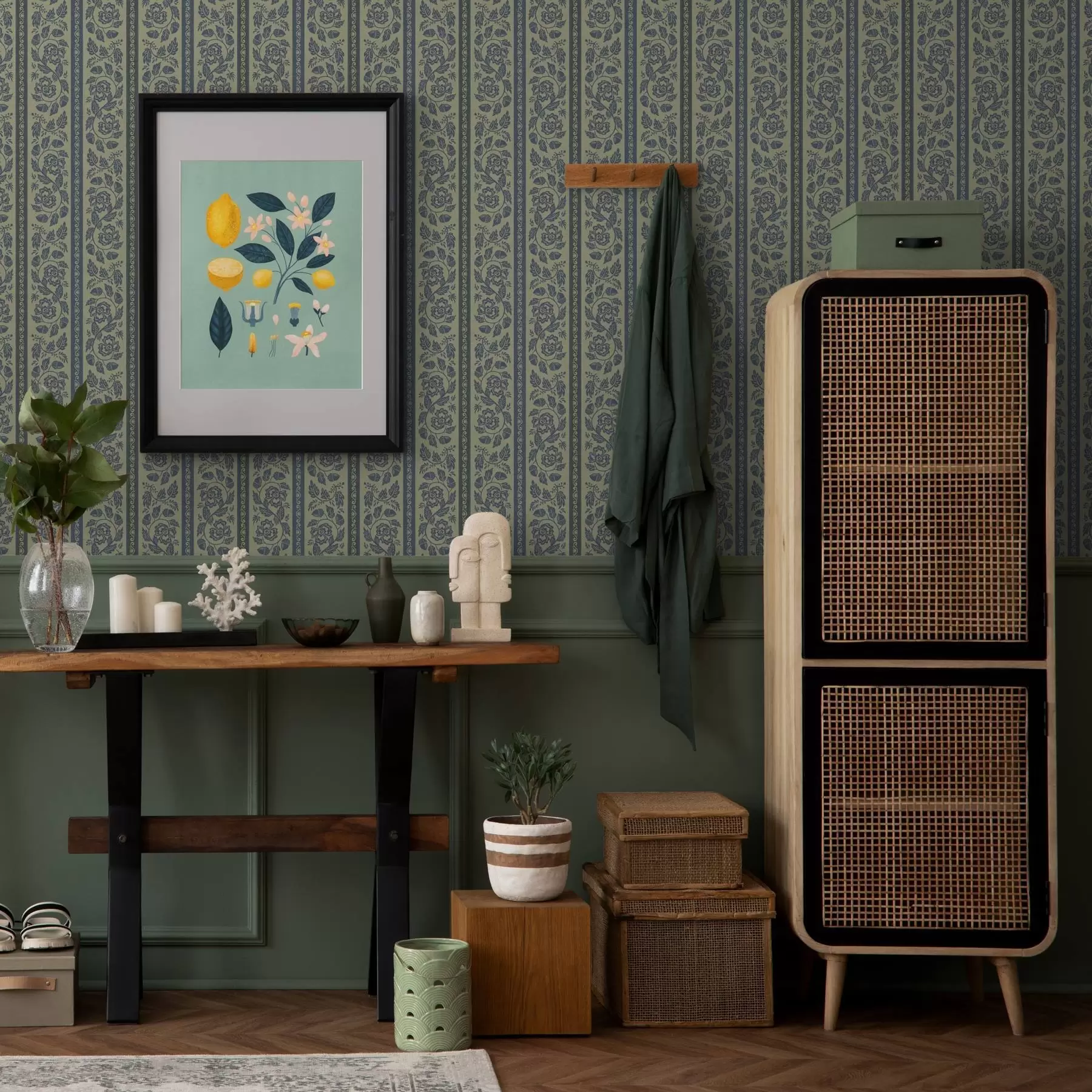 Шпалери Вінтажний синій орнамент з квітами та жолудями a00181v1