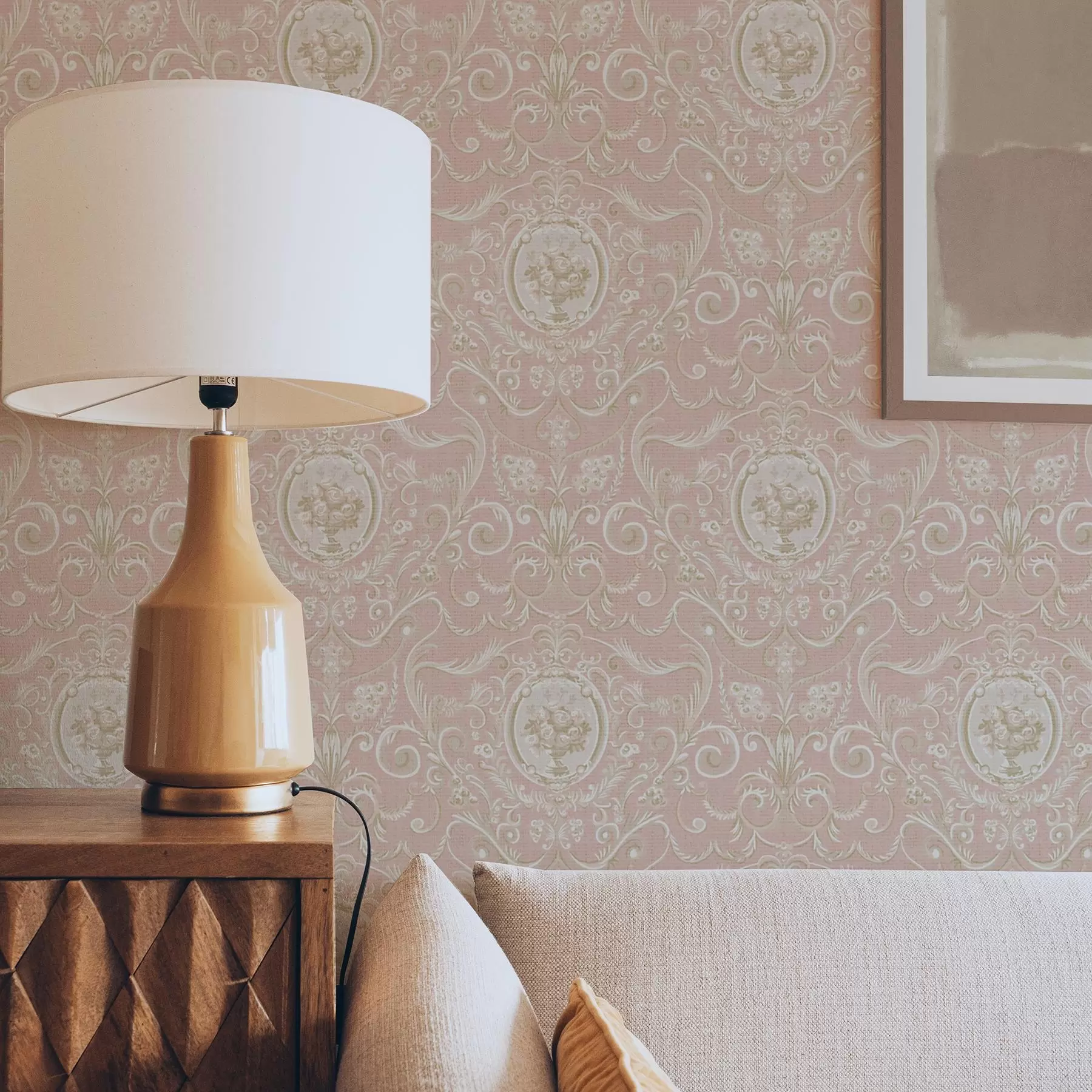 Шпалери Рожевий класичний візерунок з медальйонами та квітами a00185