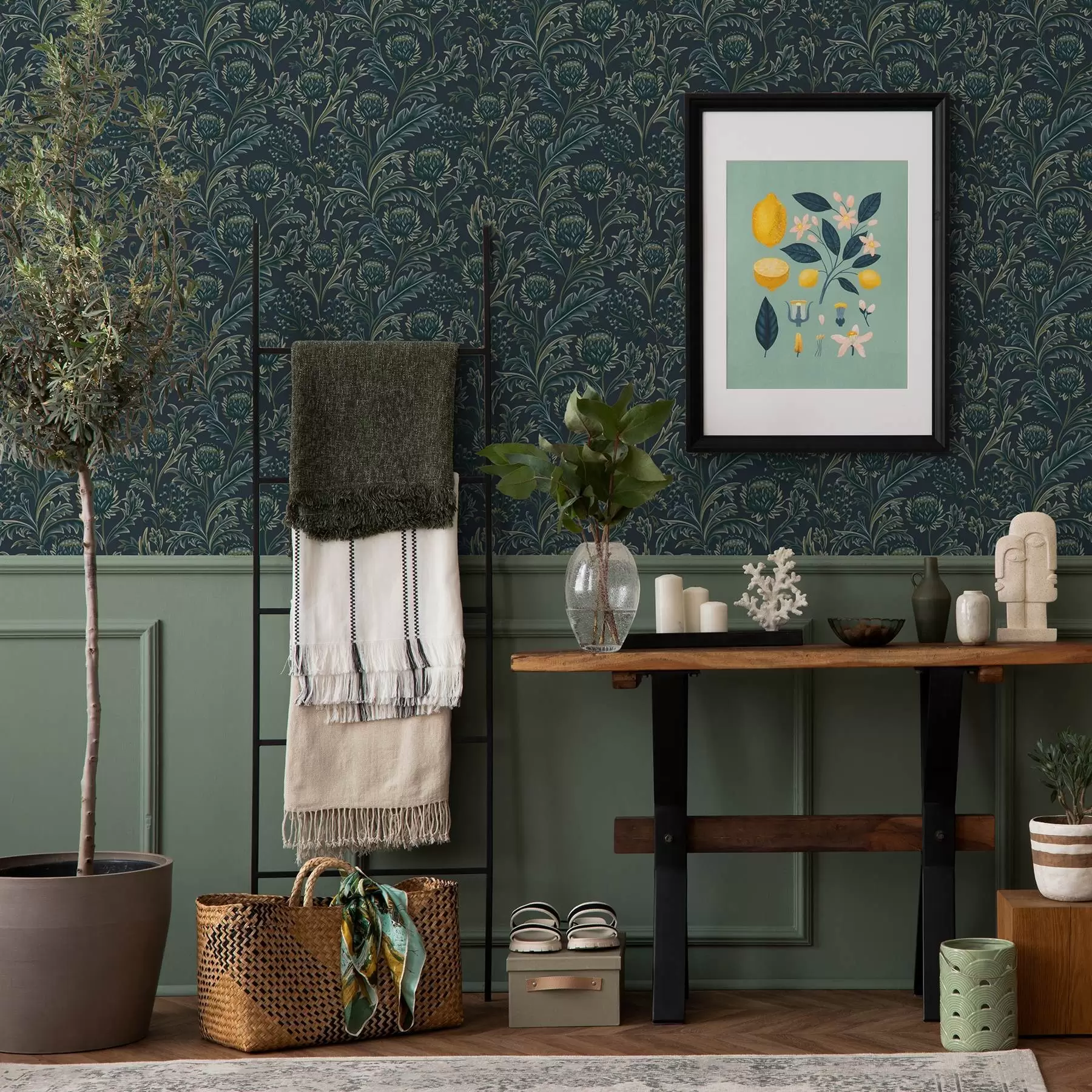 Шпалери Темно-зелений квітковий візерунок з артишоками a00186