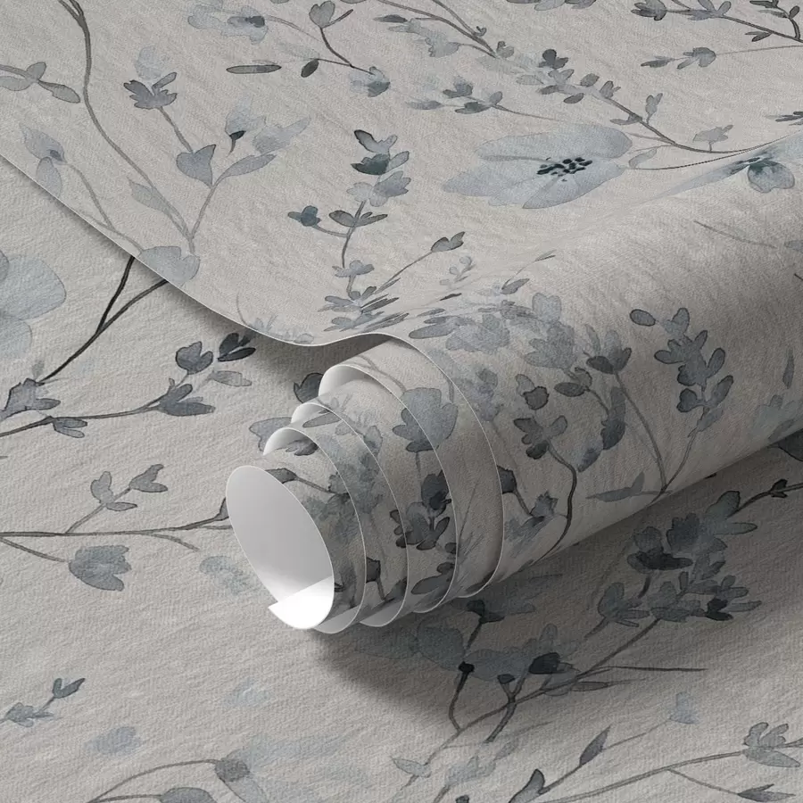 Шпалери Синя та сіра акварельна флористика на нейтральному тлі a00198