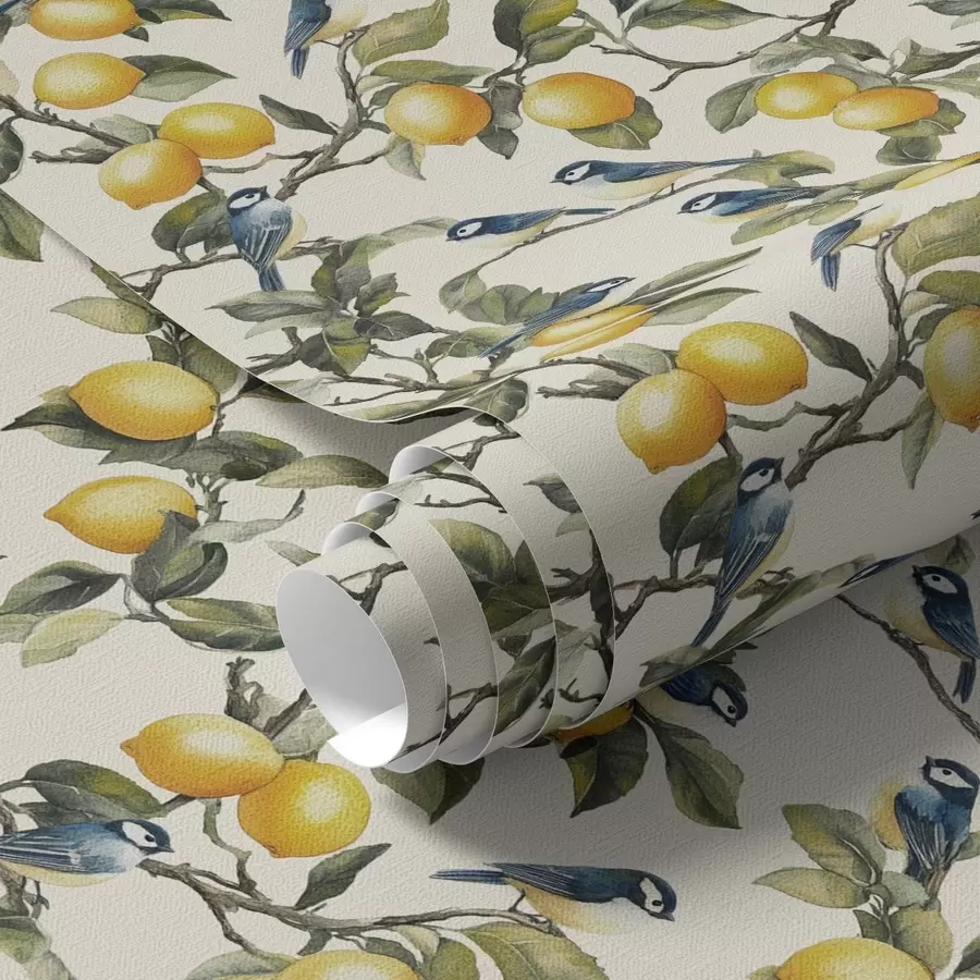 Шпалери Птахи та лимони на гілках, акварельний ботанічний малюнок a00207