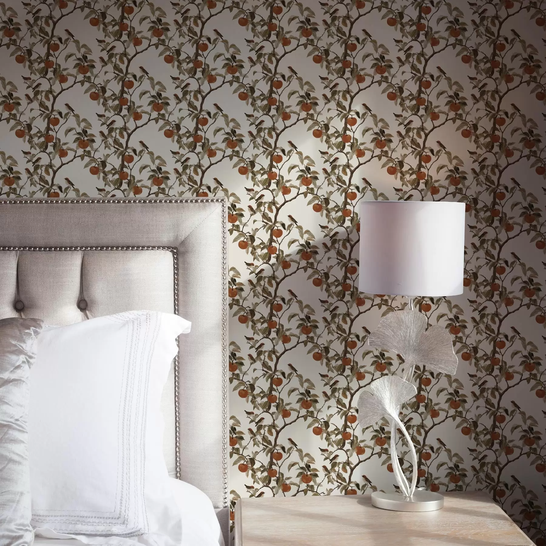 Шпалери Птахи та апельсини на гілках, вінтажна ботаніка a00208