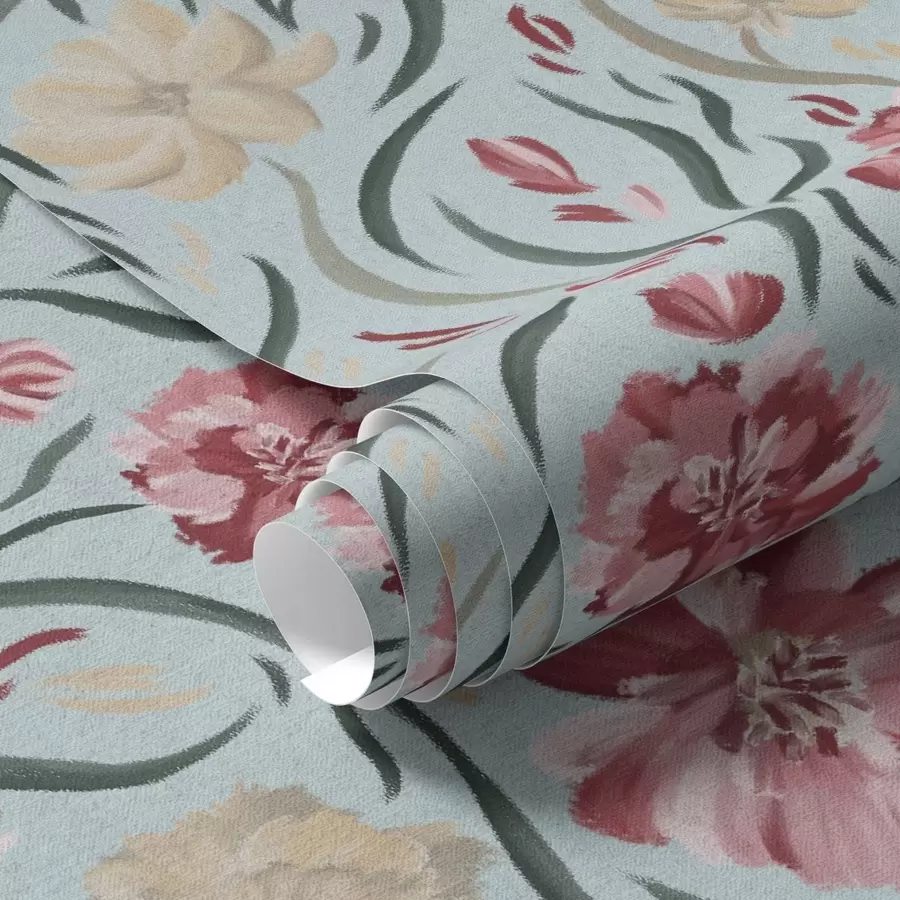 Шпалери Акварельні квіти на синьому тлі, червоно-бежевий візерунок a00216