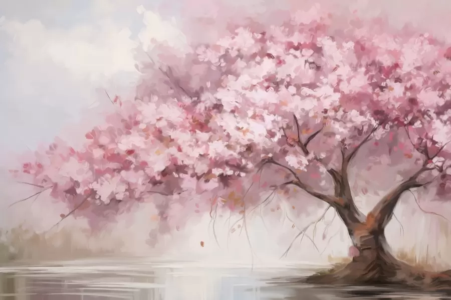 Шпалери Абстрактне рожеве квітуче дерево в повному розквіті, поруч з річкою, м'які фактурні мазки та пастельні кольори w09193