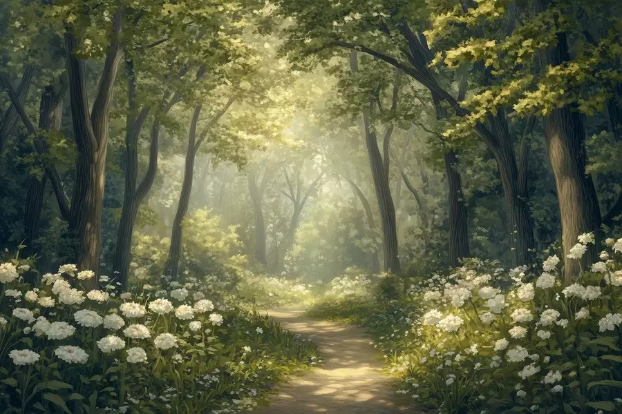 Шпалери Стежка в зеленому лісі, білі квіти, сонячне світло, малюнок в стилі акрил w04119