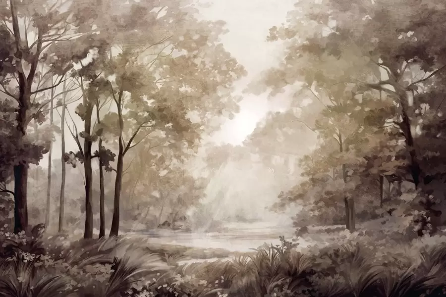 Шпалери Текстурований лісовий пейзаж, дерева з бежевим і коричневим листям, пастельна палітра кольорів w09210