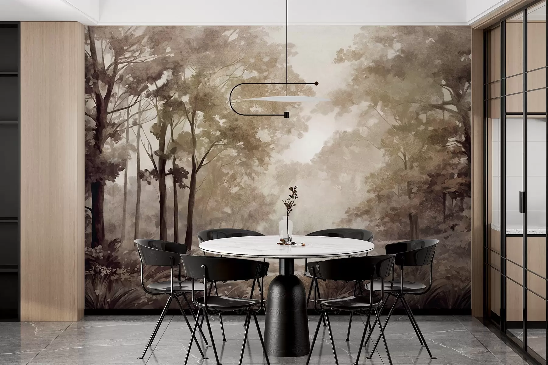 Шпалери Текстурований лісовий пейзаж, дерева з бежевим і коричневим листям, пастельна палітра кольорів w09210