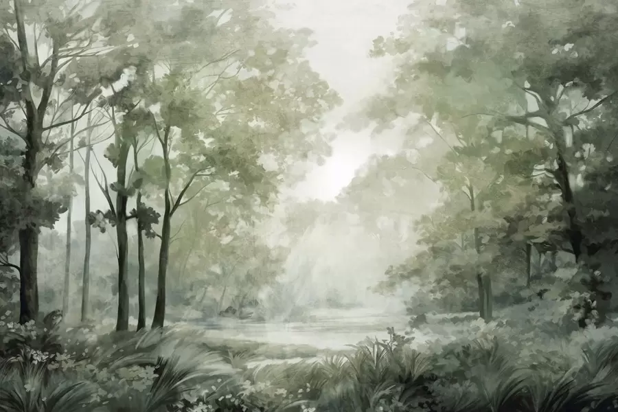 Шпалери Текстурований лісовий пейзаж, дерева з зеленим листям, пастельна палітра кольорів w09210v2