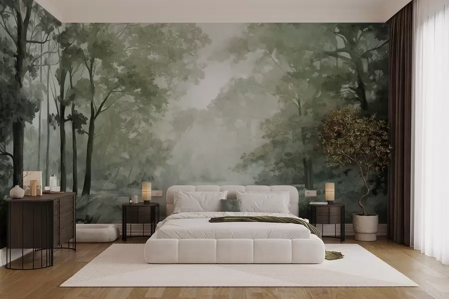 Шпалери Текстурований лісовий пейзаж, дерева з зеленим листям, пастельна палітра кольорів w09210v2
