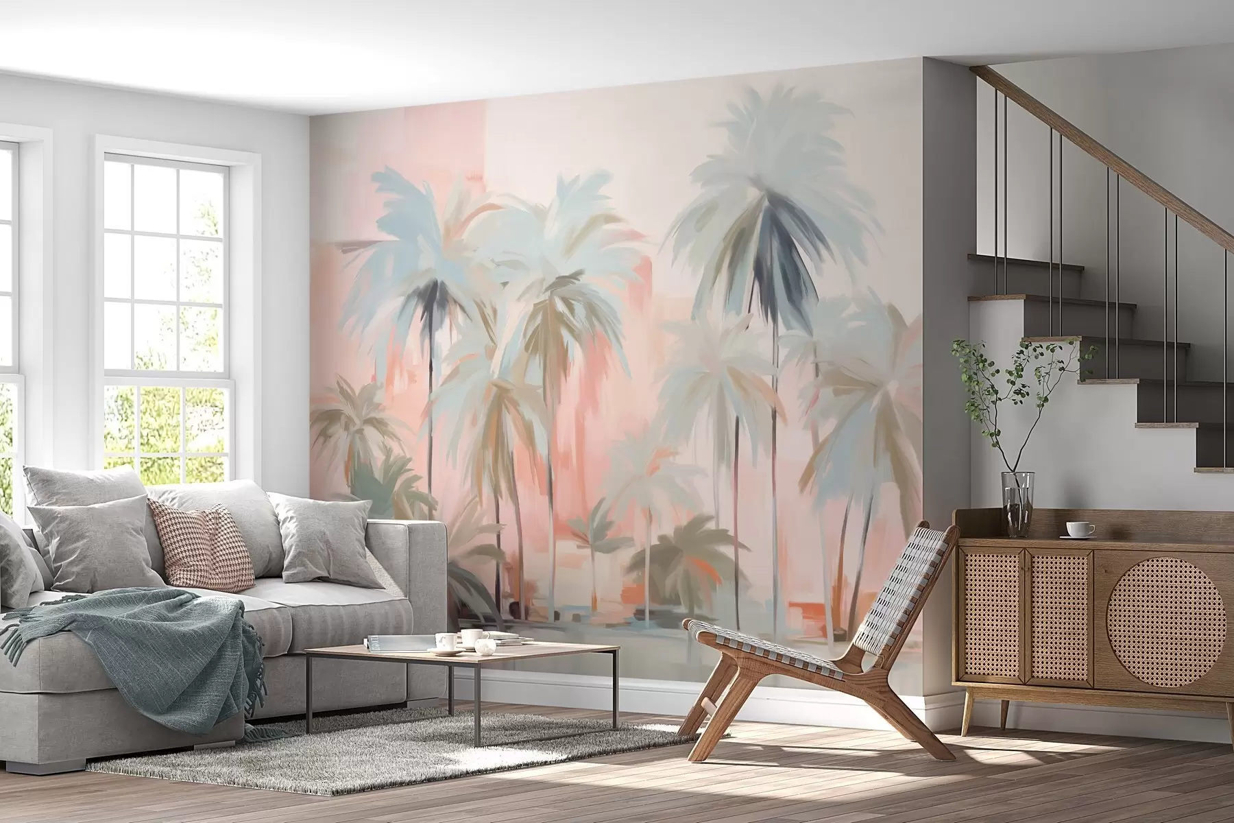 Шпалери Абстрактні мінімалістичні пастельні тропічні пальми на тлі ніжно-рожевих і персикових відтінків w09212