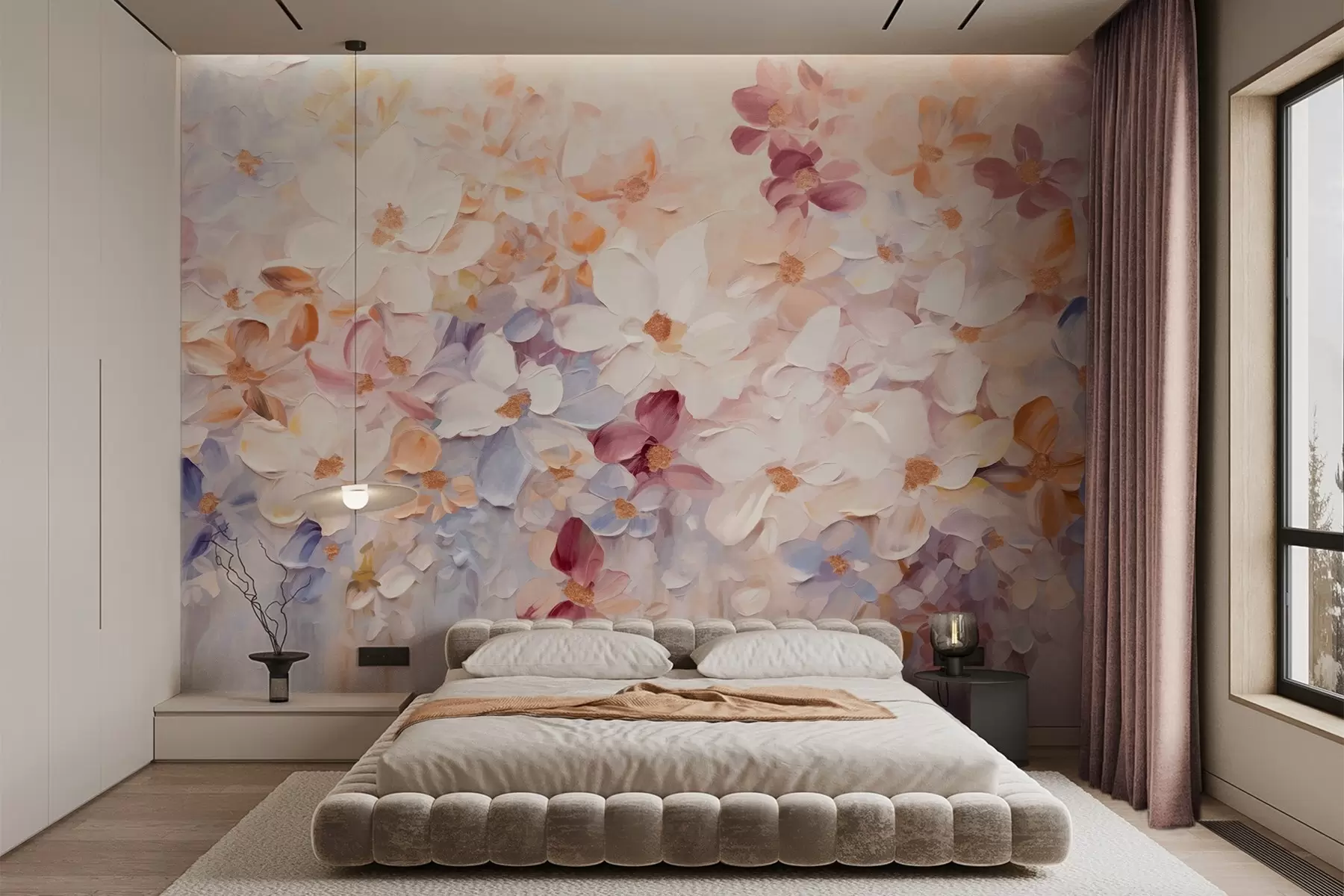 Шпалери Олійний живопис, що імітує квітник з білими, рожевими та помаранчевими квітами, м'які мазки, пастельні приглушені кольори w09236