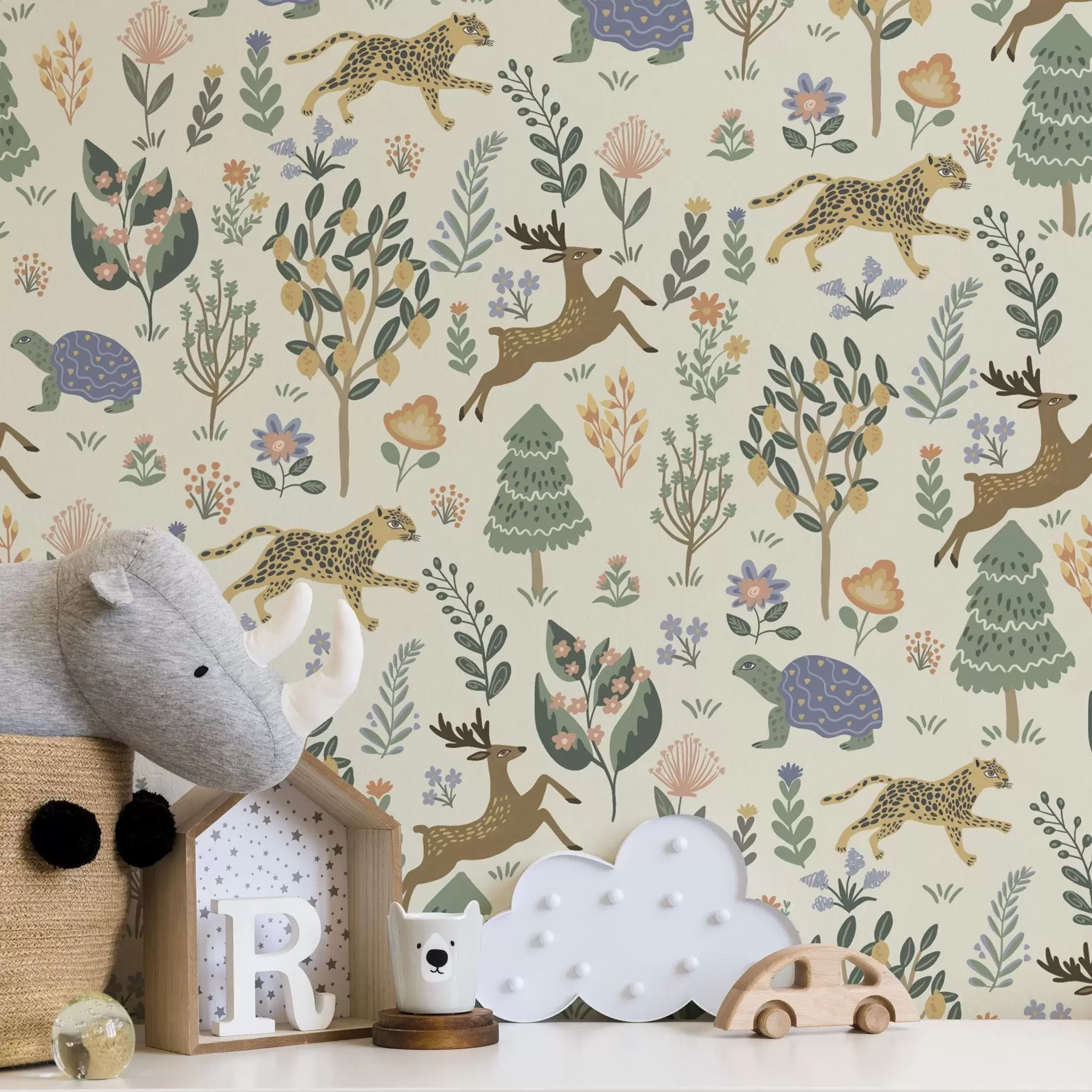Шпалери Ретро-ілюстрація з леопардами, деревами та оленями a00184