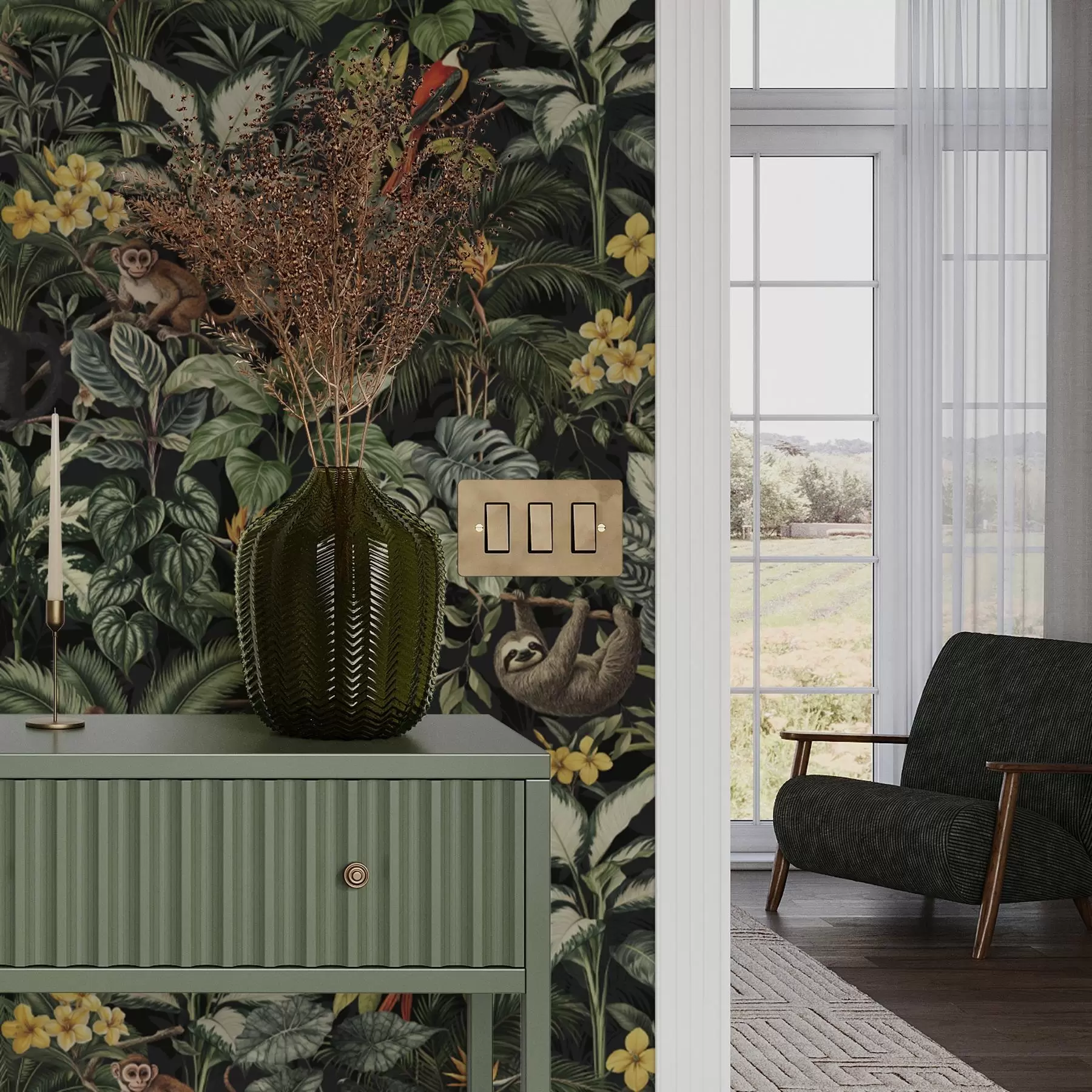 Шпалери Тропічні джунглі з мавпами, птахами та густим листям a00191