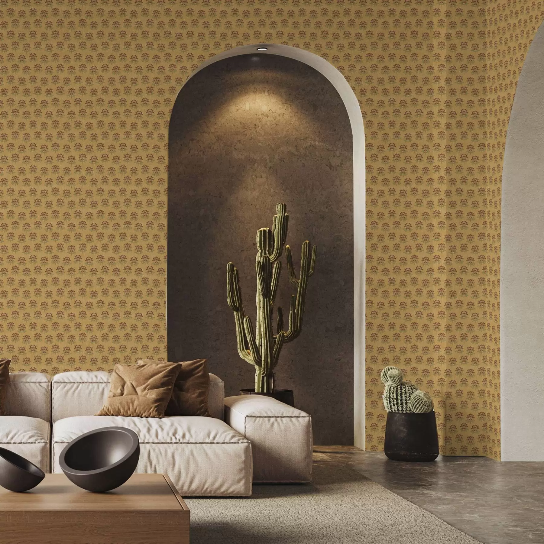 Шпалери Ретро-квітковий візерунок з лотосами на жовтому тлі a00238