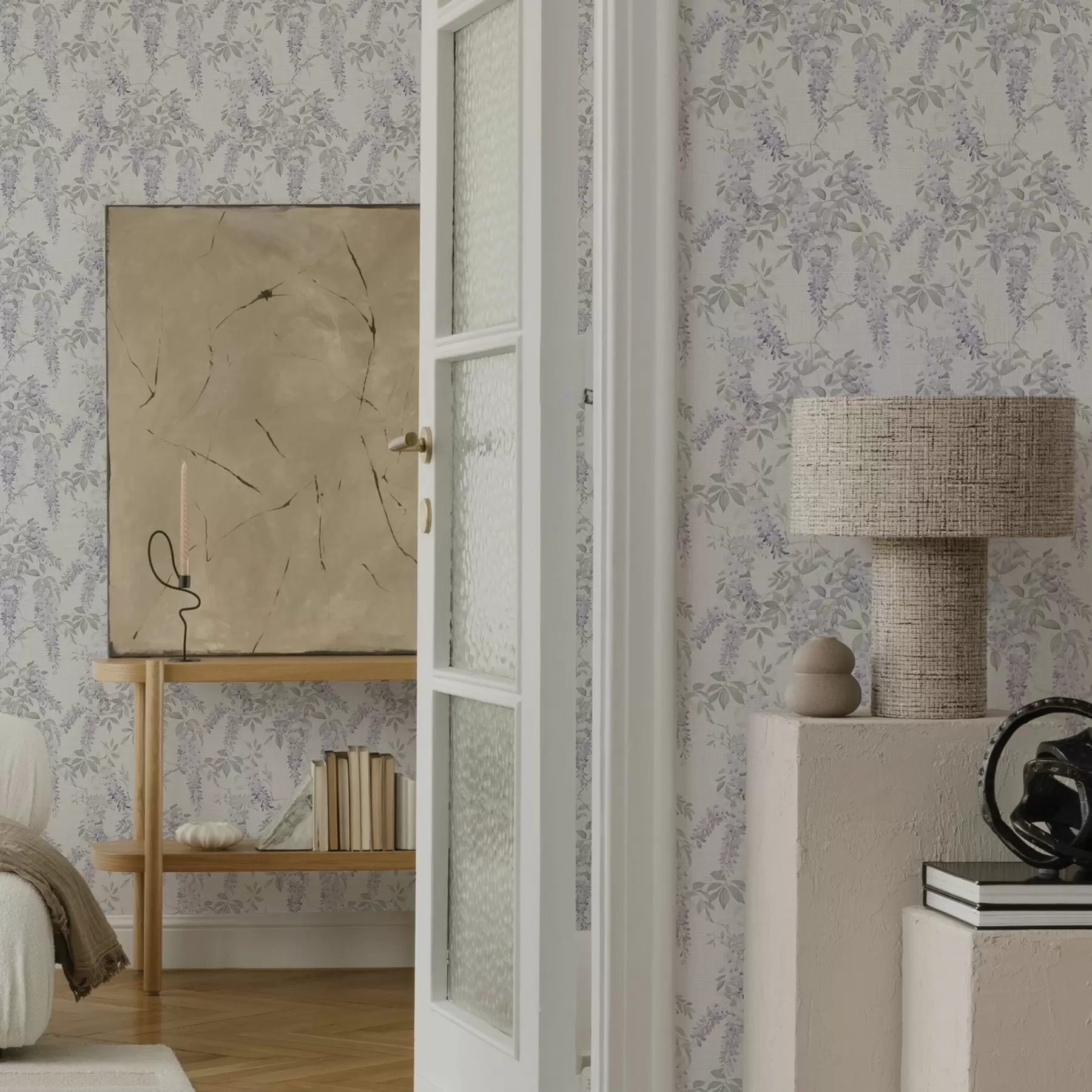 Шпалери Бузкова гліцинія на білому тлі, акварельний стиль a00239