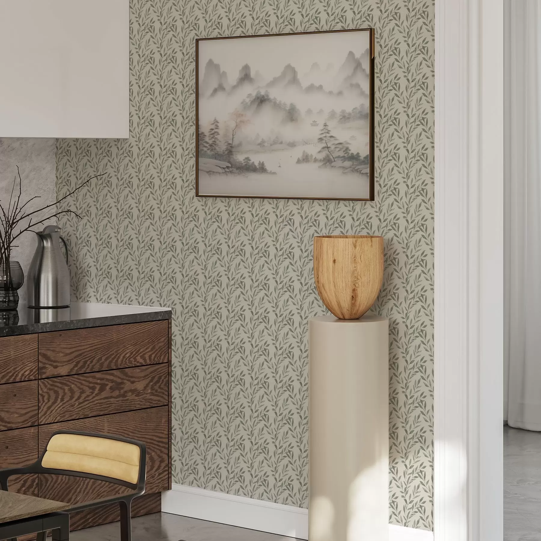 Шпалери Акуратні оливкові гілки на світлому фоні a00243