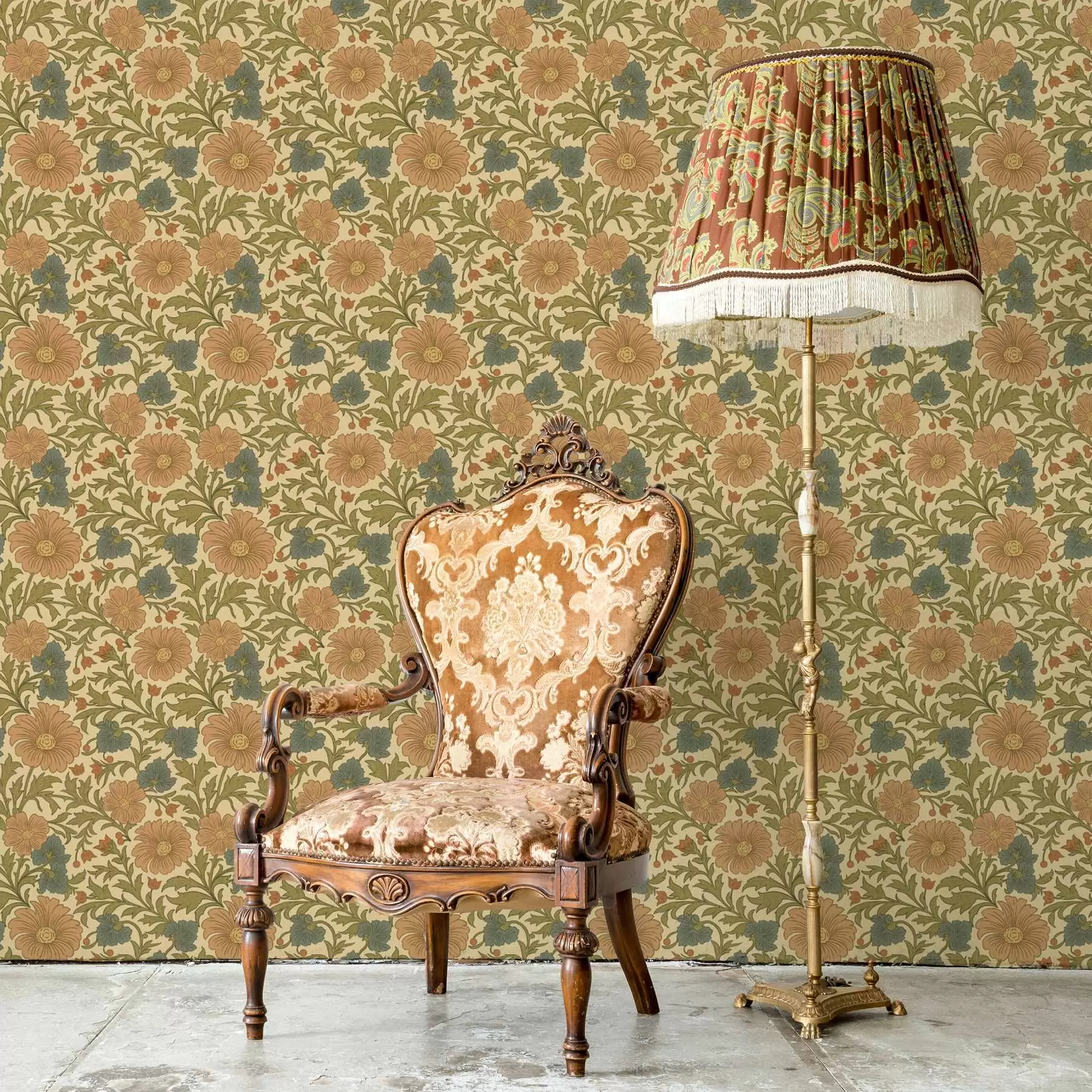 Шпалери Ретро-візерунок з помаранчевими та блакитними квітами a00245