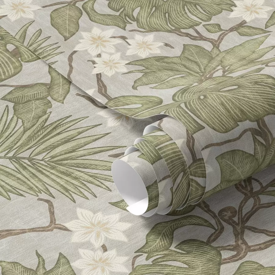 Шпалери Листя і квіти тропічної монстери на сірому тлі a00249