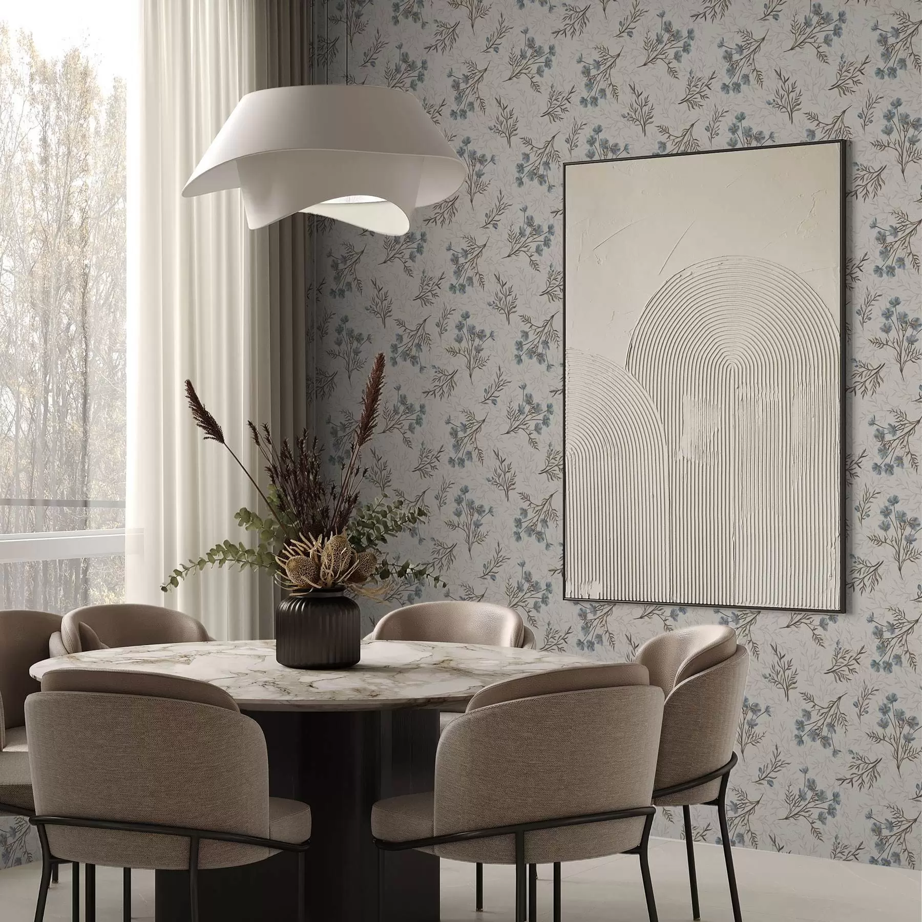 Шпалери Дрібні блакитні квіти з коричневими гілками a00265