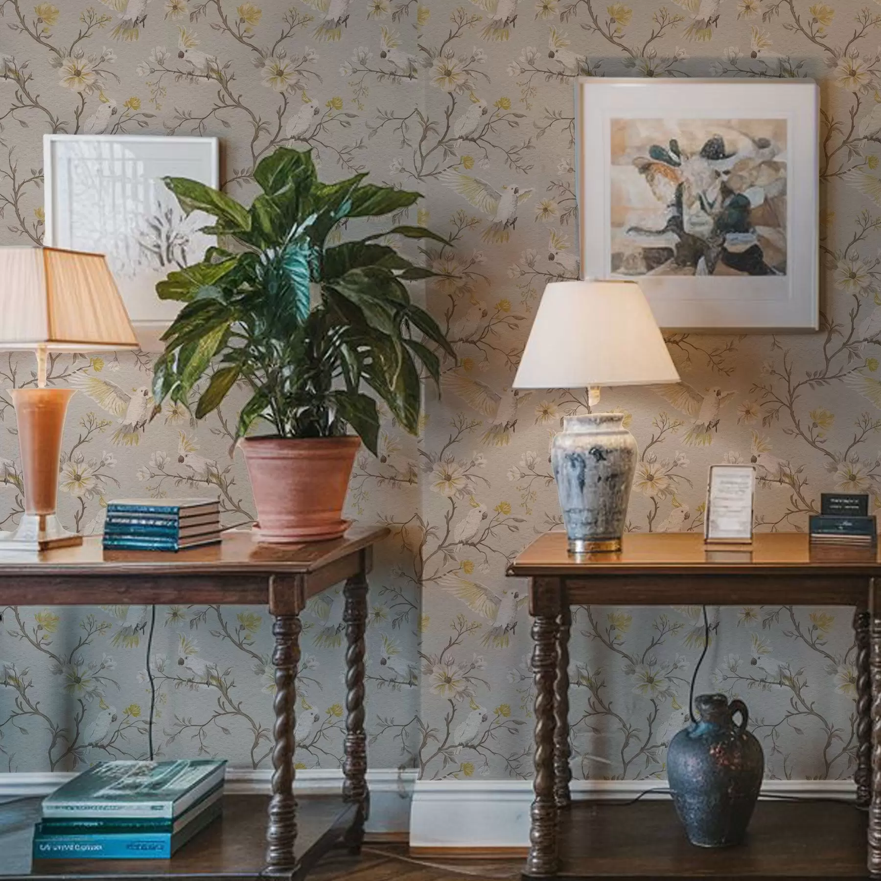 Шпалери Папуги та жовті квіти на світлому фоні a00270