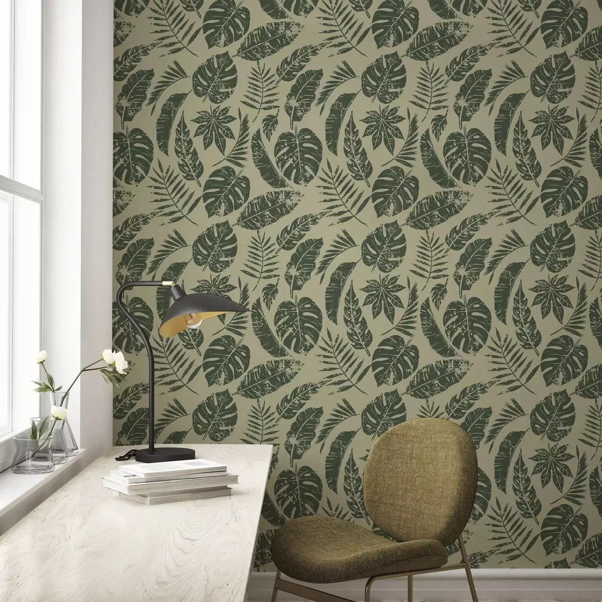 Шпалери Тропічне листя в стилі ліногравюри, зелене на жовтому a00274