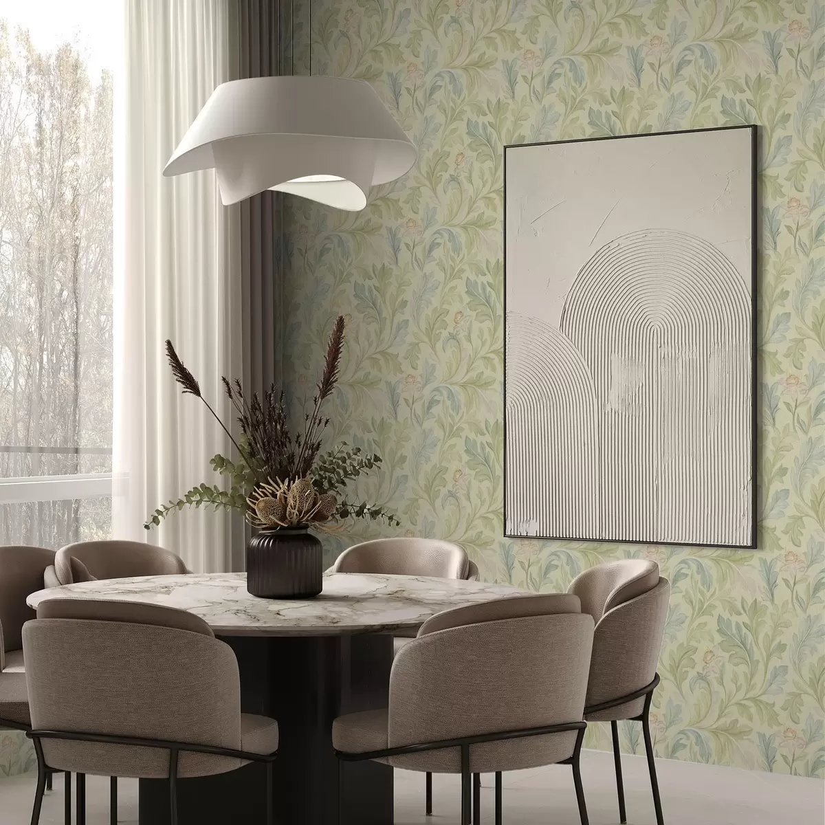 Шпалери Вінтажне листя на жовтуватому тлі, м'які кольори a00277v1