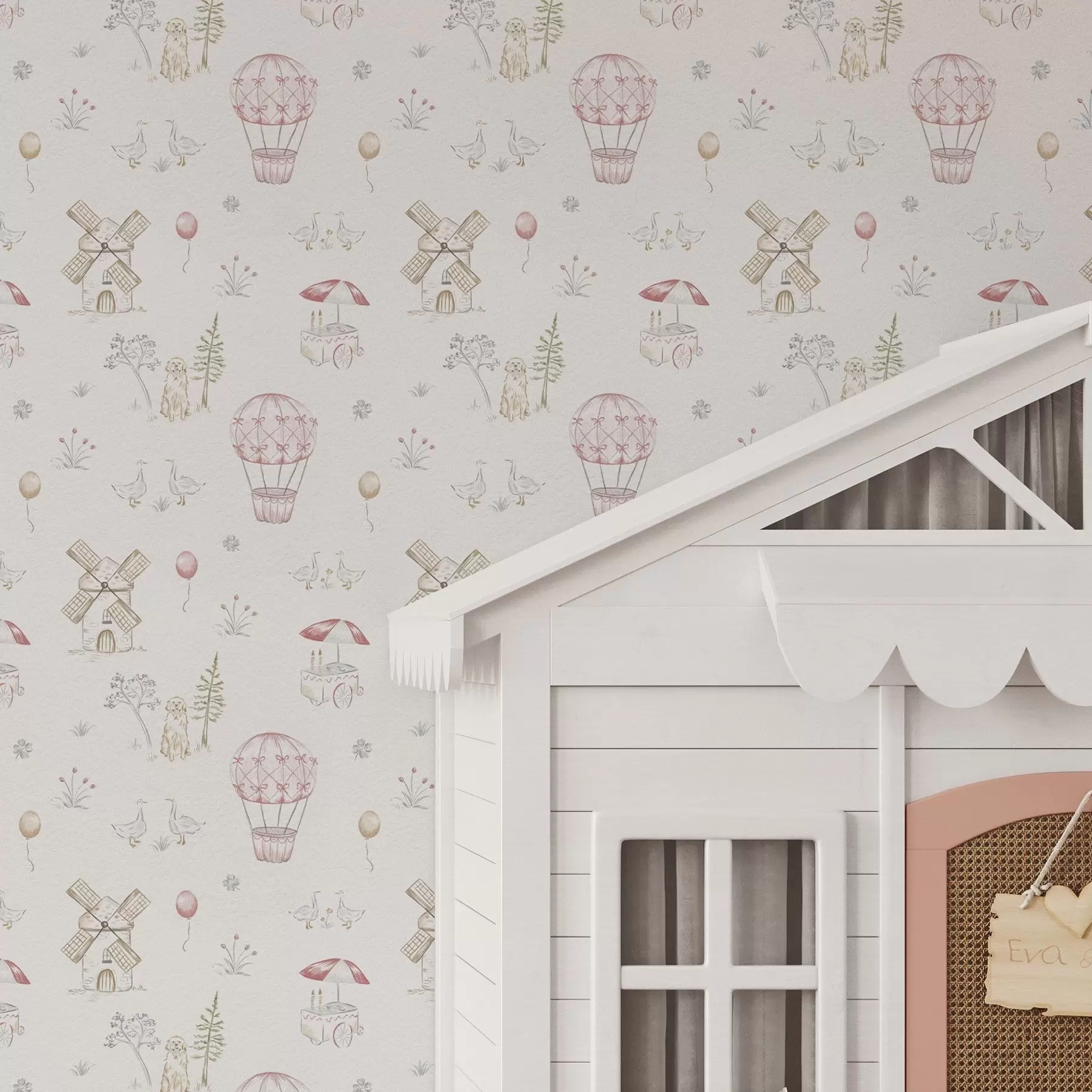 Шпалери Дитячі ілюстрації: Собака, качки, м'ячі, млин a00278