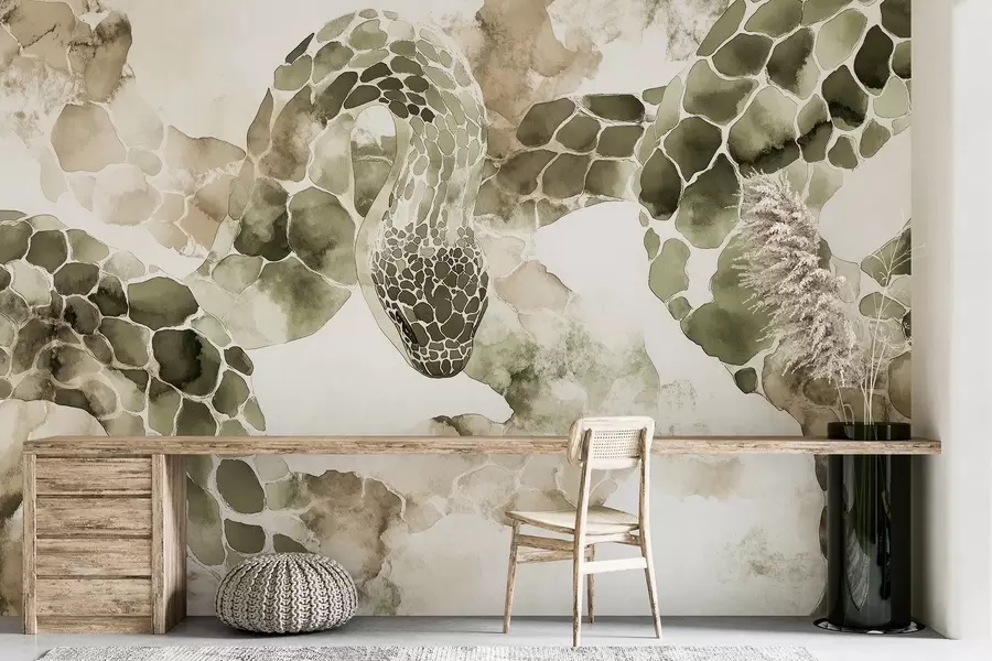 Шпалери Силует змії, акварельний стиль, оливкові кольори w04113v3