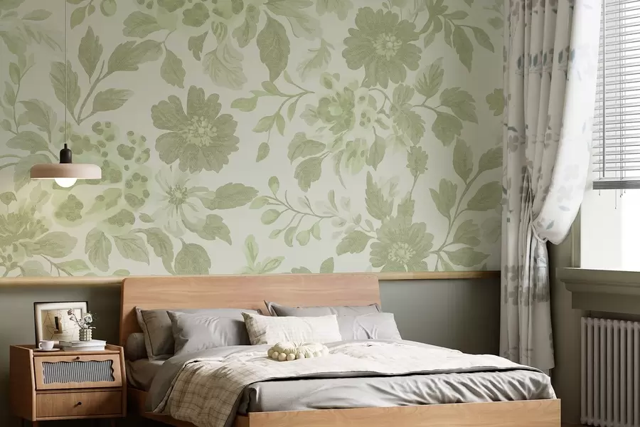 Шпалери Квіти в стилі бохо з леопардовим принтом, зелений колір w04114v2