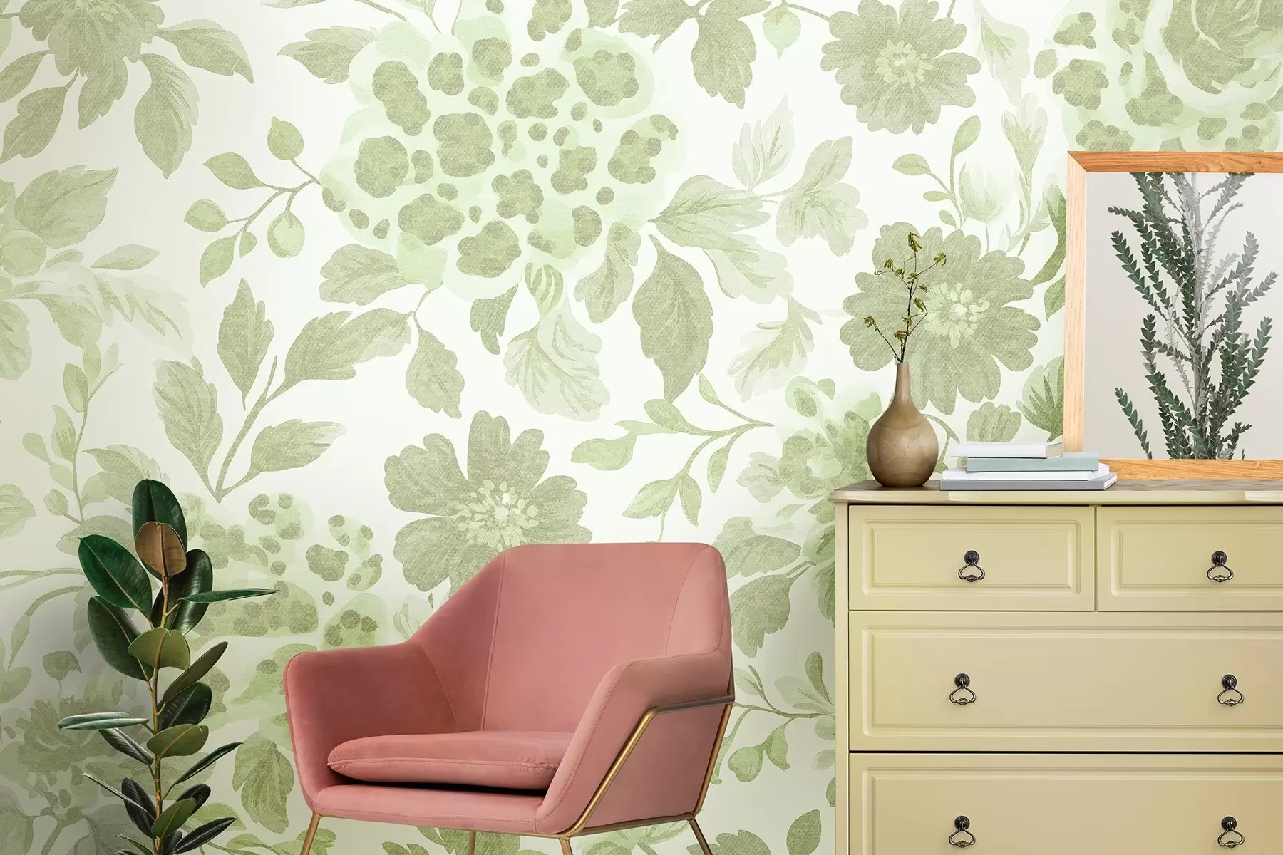 Шпалери Квіти в стилі бохо з леопардовим принтом, зелений колір w04114v2