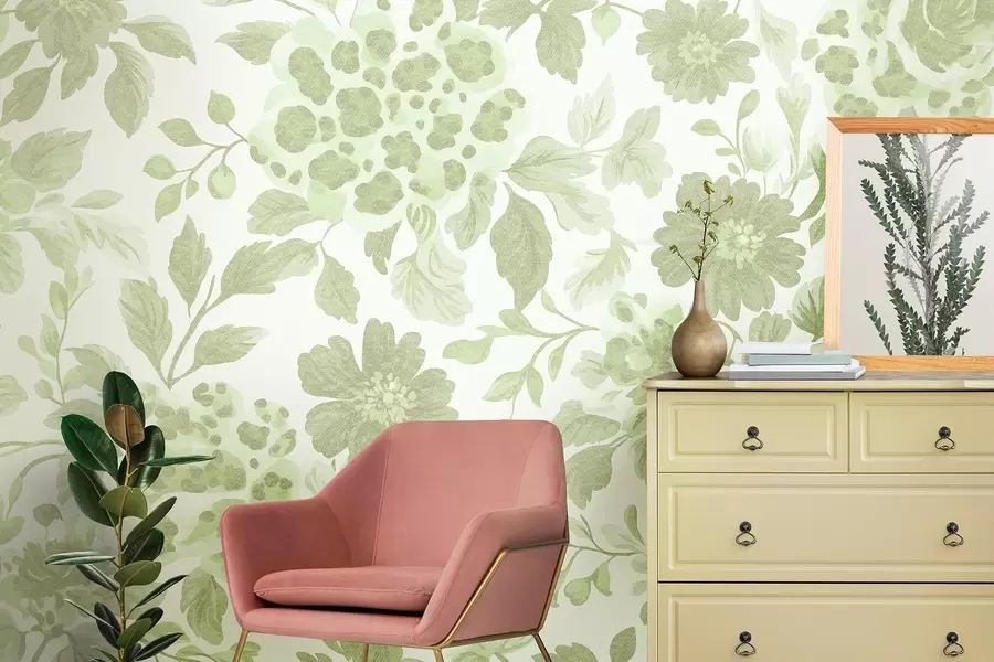 Шпалери Квіти в стилі бохо з леопардовим принтом, зелений колір w04114v2