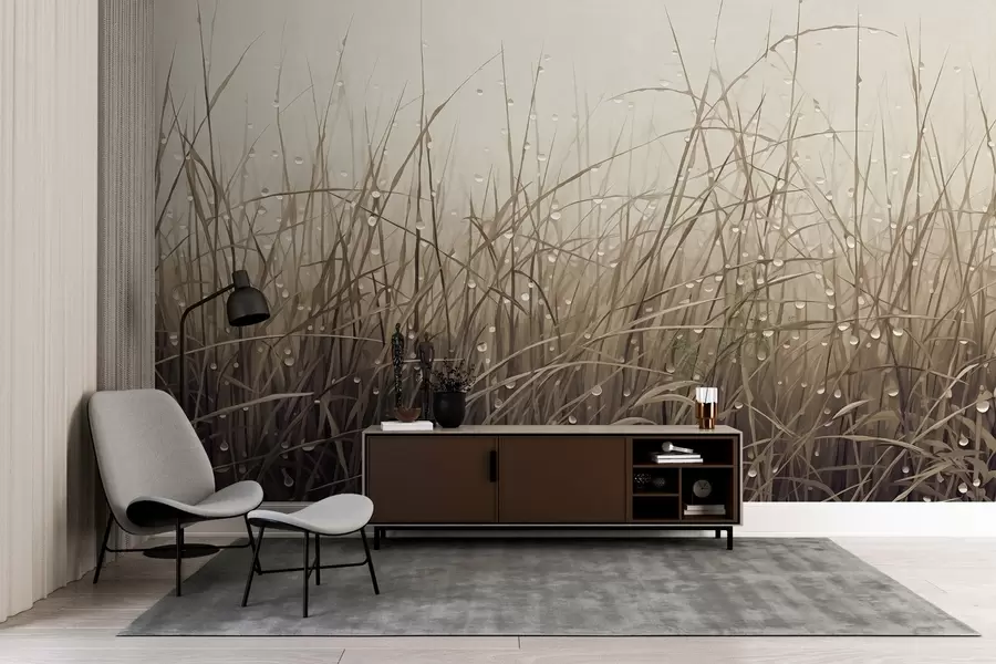 Шпалери Трава з краплями води, приглушені коричневі відтінки, м'яке світло, туманне тло, абстрактний мінімалістичний фактурний стиль w09217v1