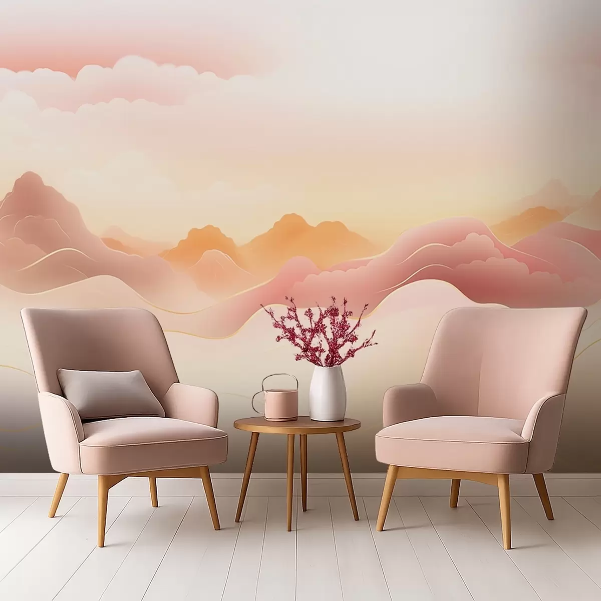 Шпалери Туманні гори під теплим сходом сонця w09242