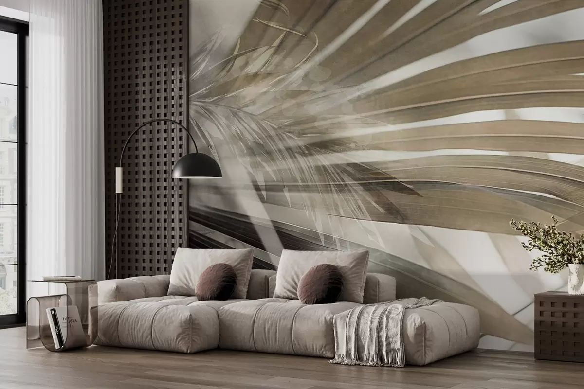 Шпалери Пальмове листя світло-коричневого відтінку, що накладається і створює ефект шаруватості, на м'якому, нейтральному тлі w09256