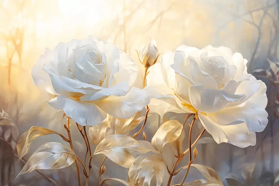 Шпалери Білі фактурні троянди з жовтими стеблами і листям, м'яке освітлення, світлий фон з розмитими квітковими формами w09258