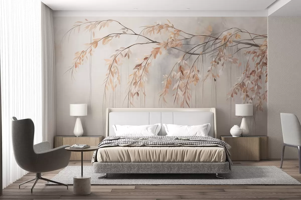 Шпалери Гілка зі світло-помаранчевим листям, що звисає вниз, світло-сірий текстурний розмитий фон, м'який і делікатний стиль w09265