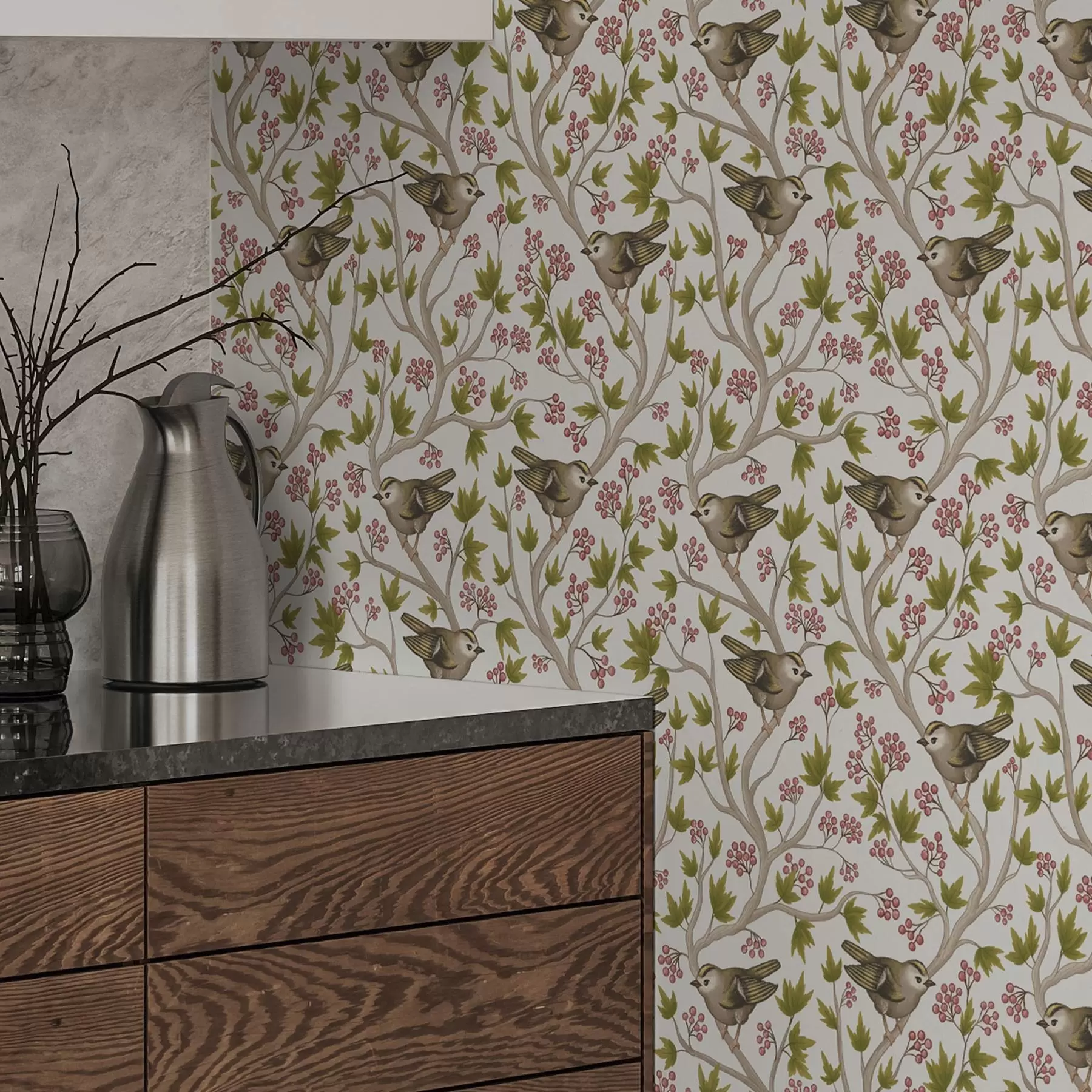 Шпалери Птахи на гілках з листям і ягодами на білому тлі a00283