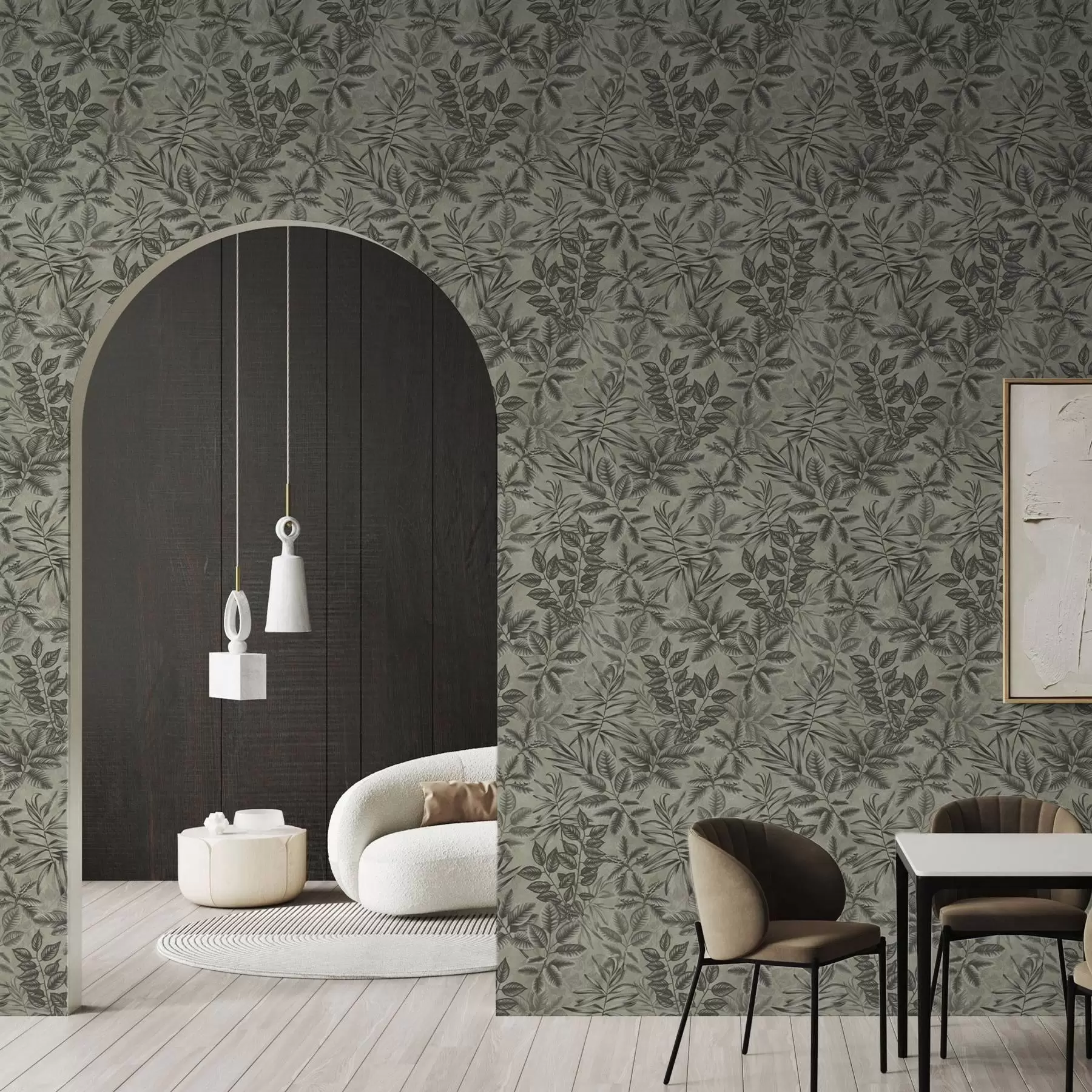 Шпалери Сіре тропічне листя різної форми на вінтажному тлі a00297