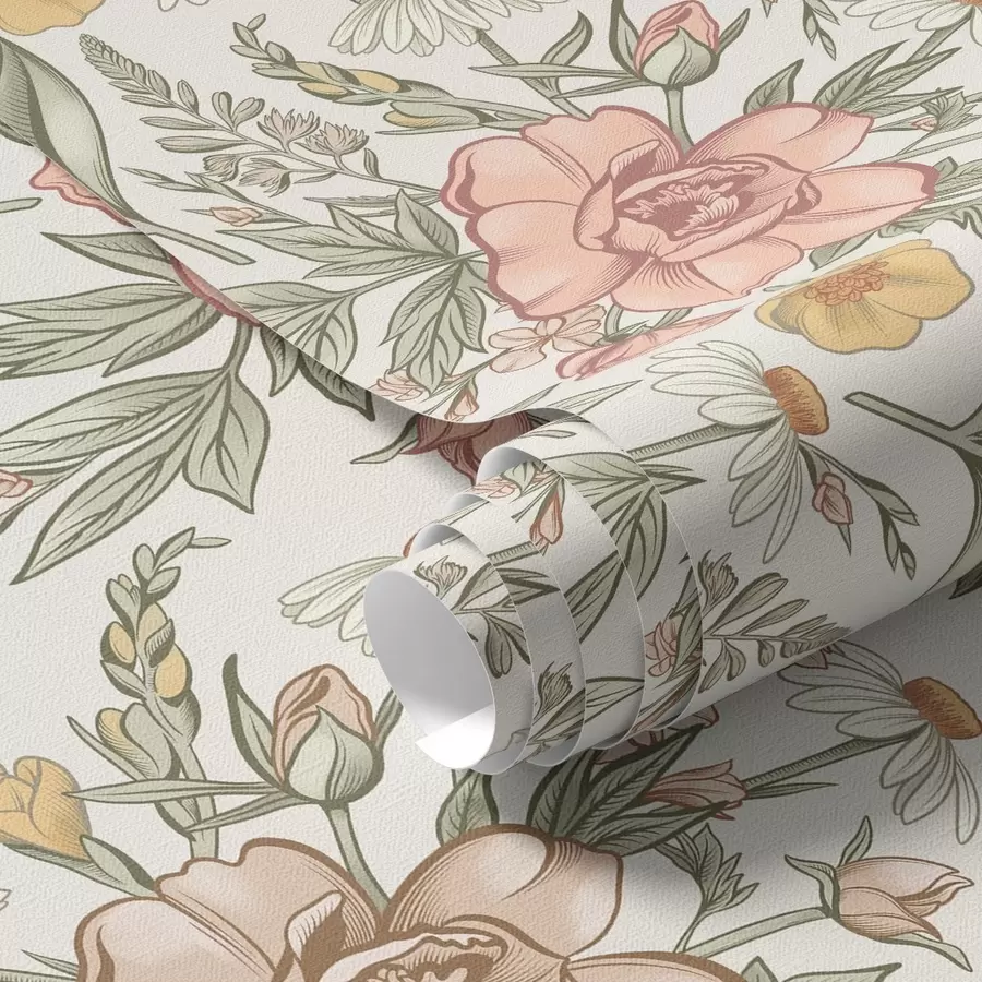 Шпалери Ромашки, півонії, лілії та листя в ніжних кольорах a00299