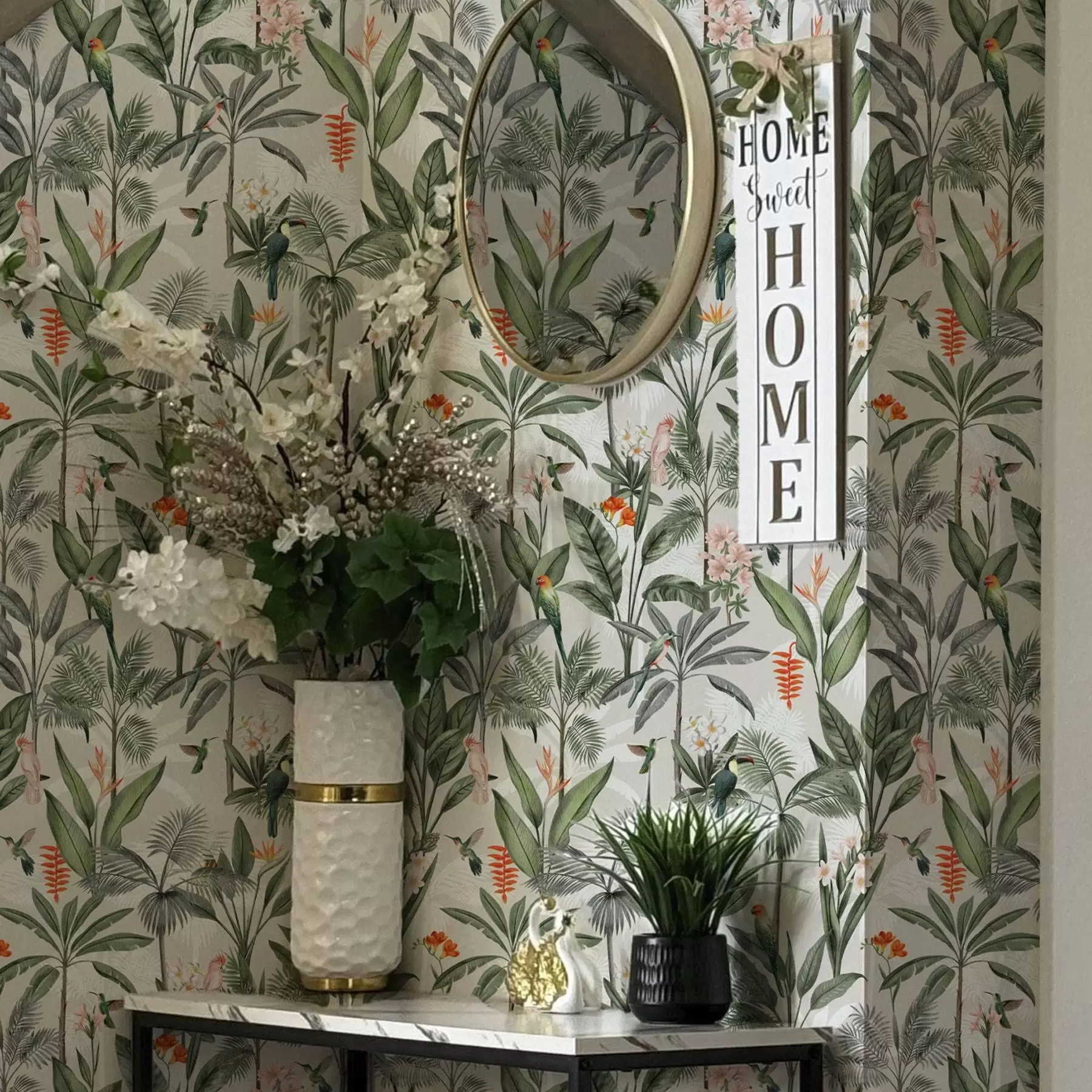 Шпалери Тропічні птахи серед пальмового листя a00308