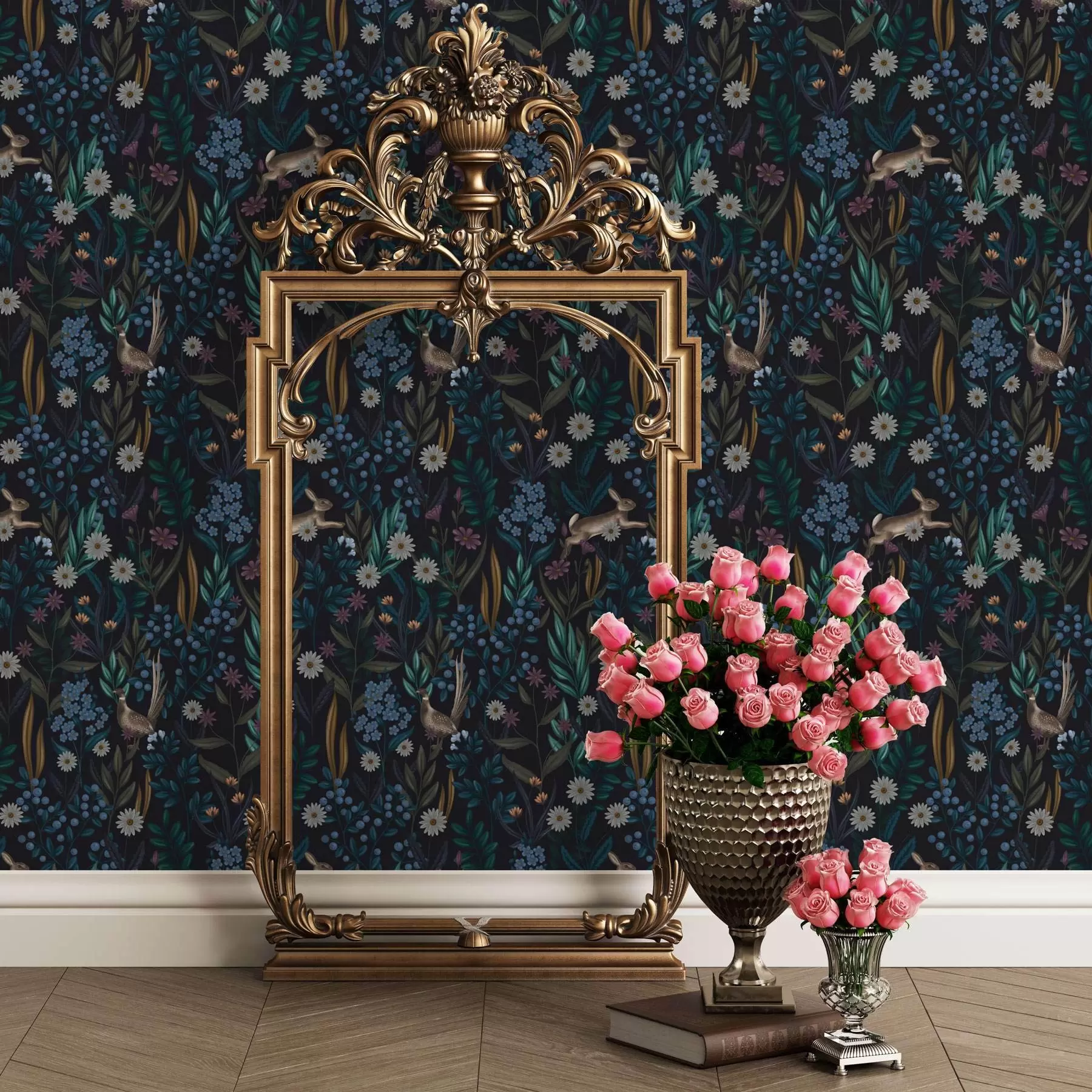 Шпалери Темний ліс з квітами, зайцем і птахом a00310