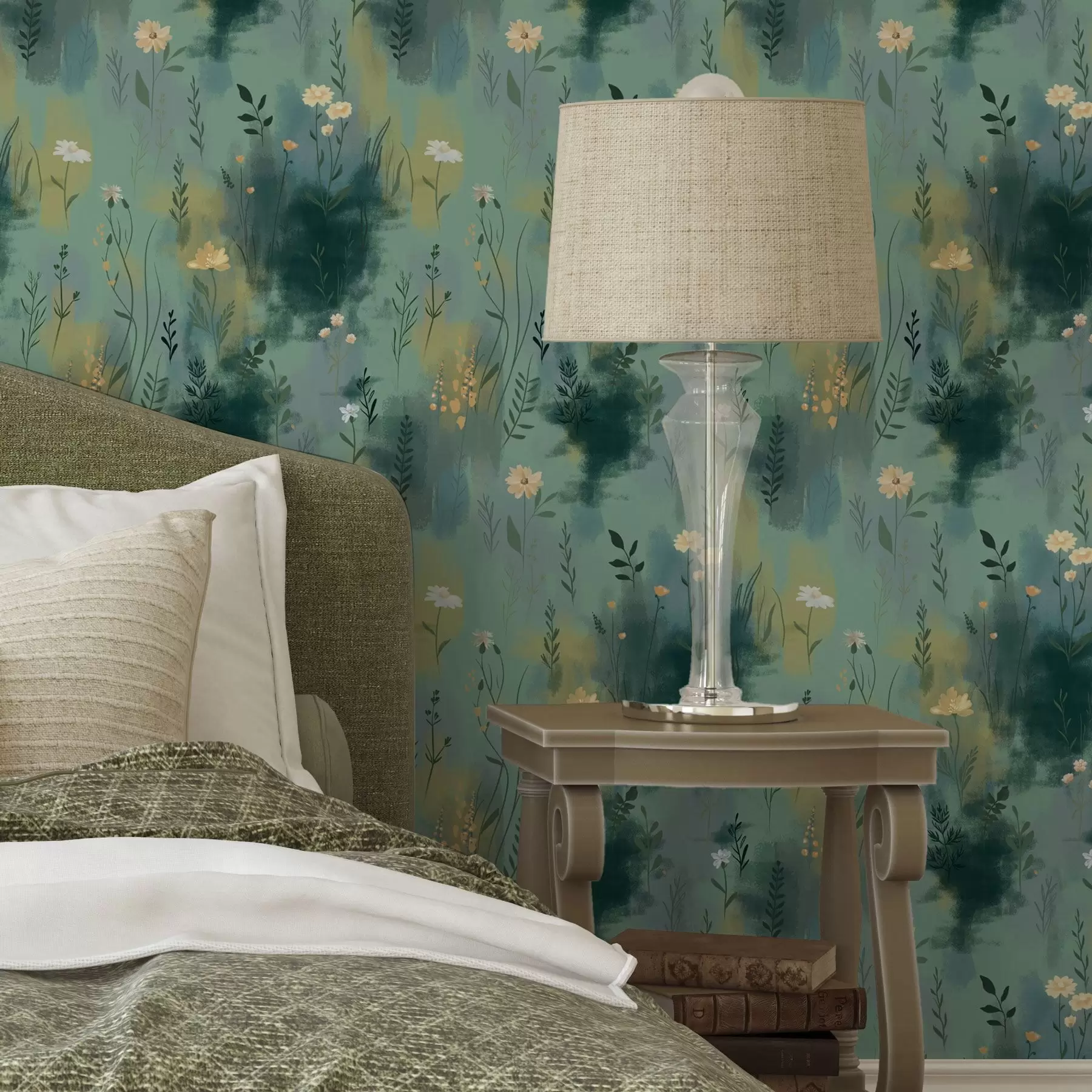 Шпалери Акварельна абстракція з квітами на зеленому тлі a00312