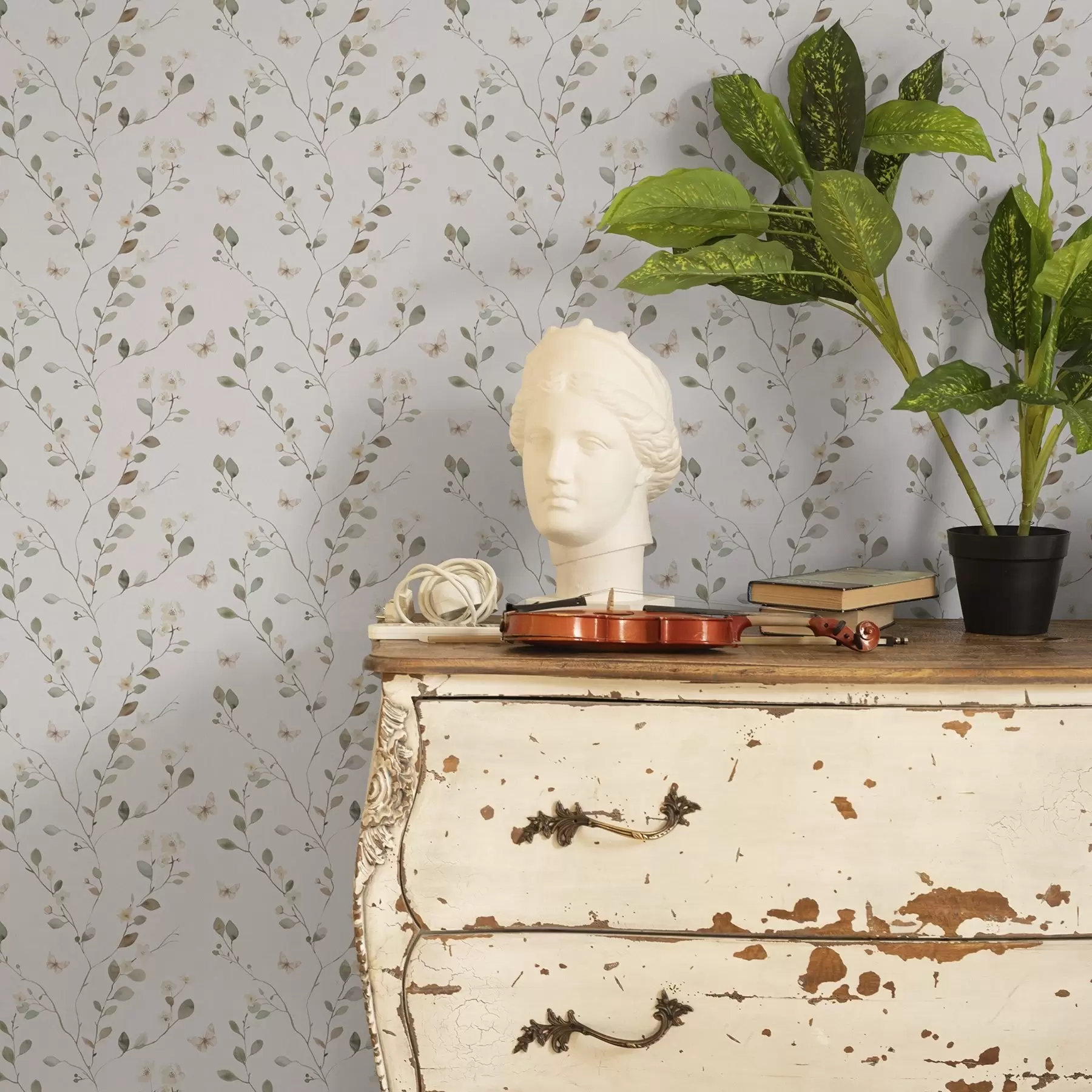 Шпалери Тонкі гілки з квітами та метеликами на білому тлі a00342