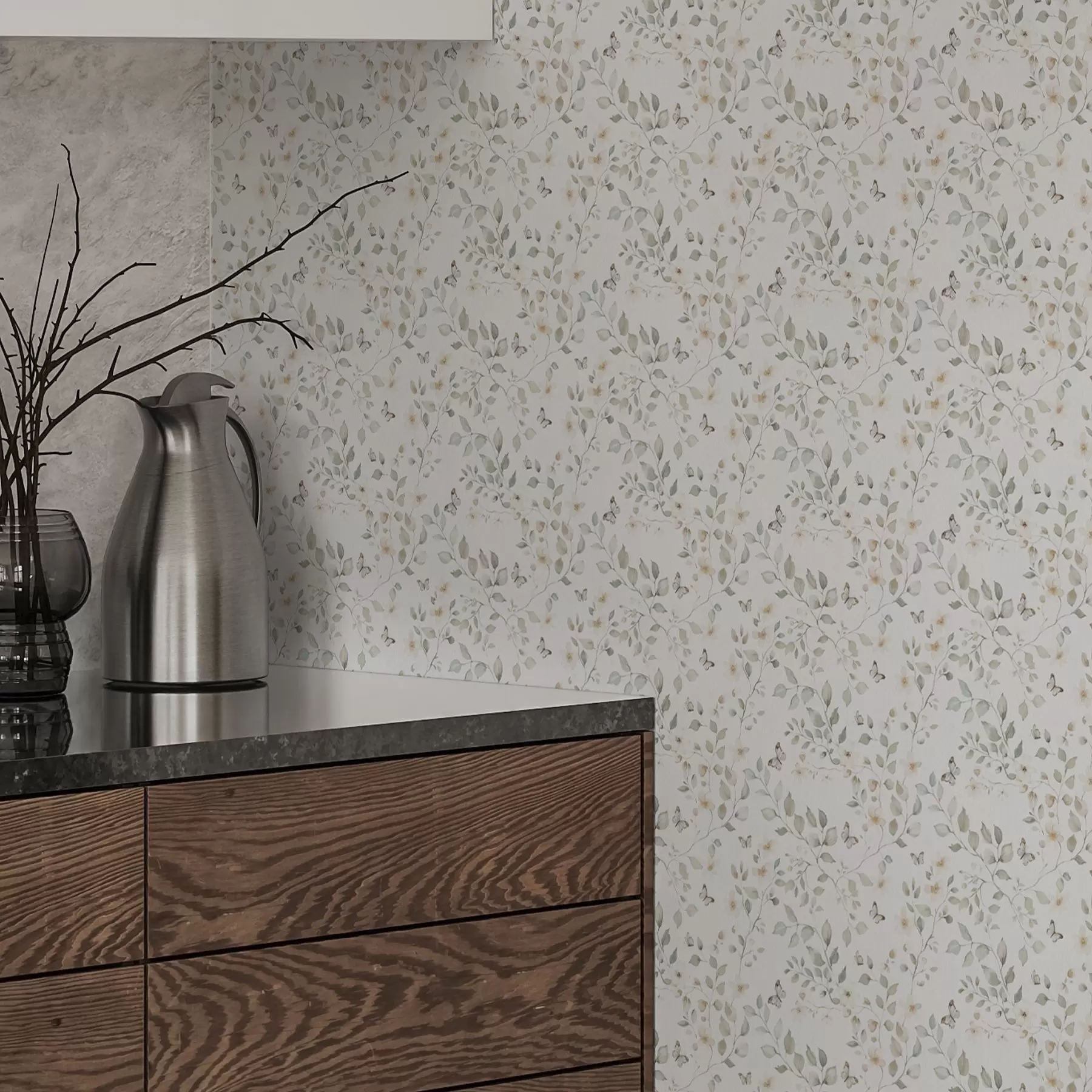 Шпалери Світлі гілки з листям і квітами в невеликих повтореннях a00343