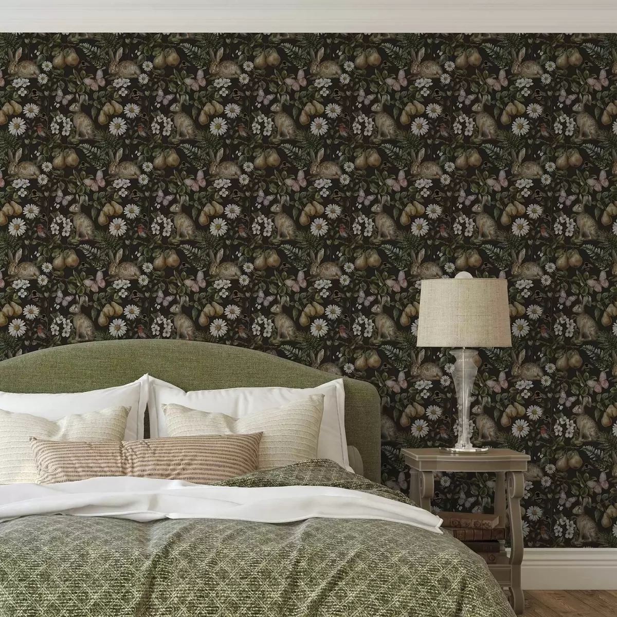 Шпалери Реалістичні кролики, груші, квіти та комахи на темному тлі a00401