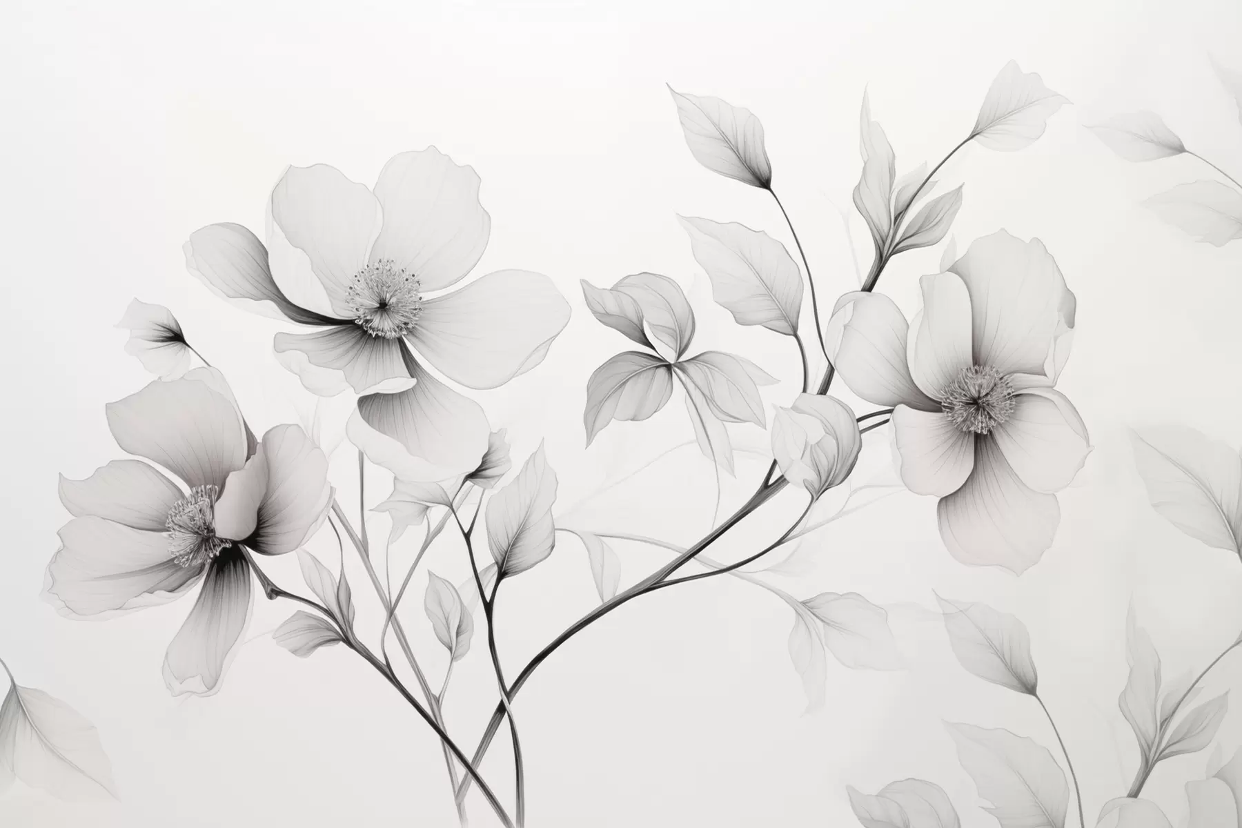 Шпалери Чорно-білі квіти з елегантними лініями на сірому тлі w09271