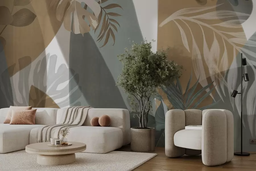 Шпалери Листя монстери і пальмове листя в візерунку з коричневими, білими і зеленими кольорами, тропічна атмосфера, абстрактні форми, декоративні w09288